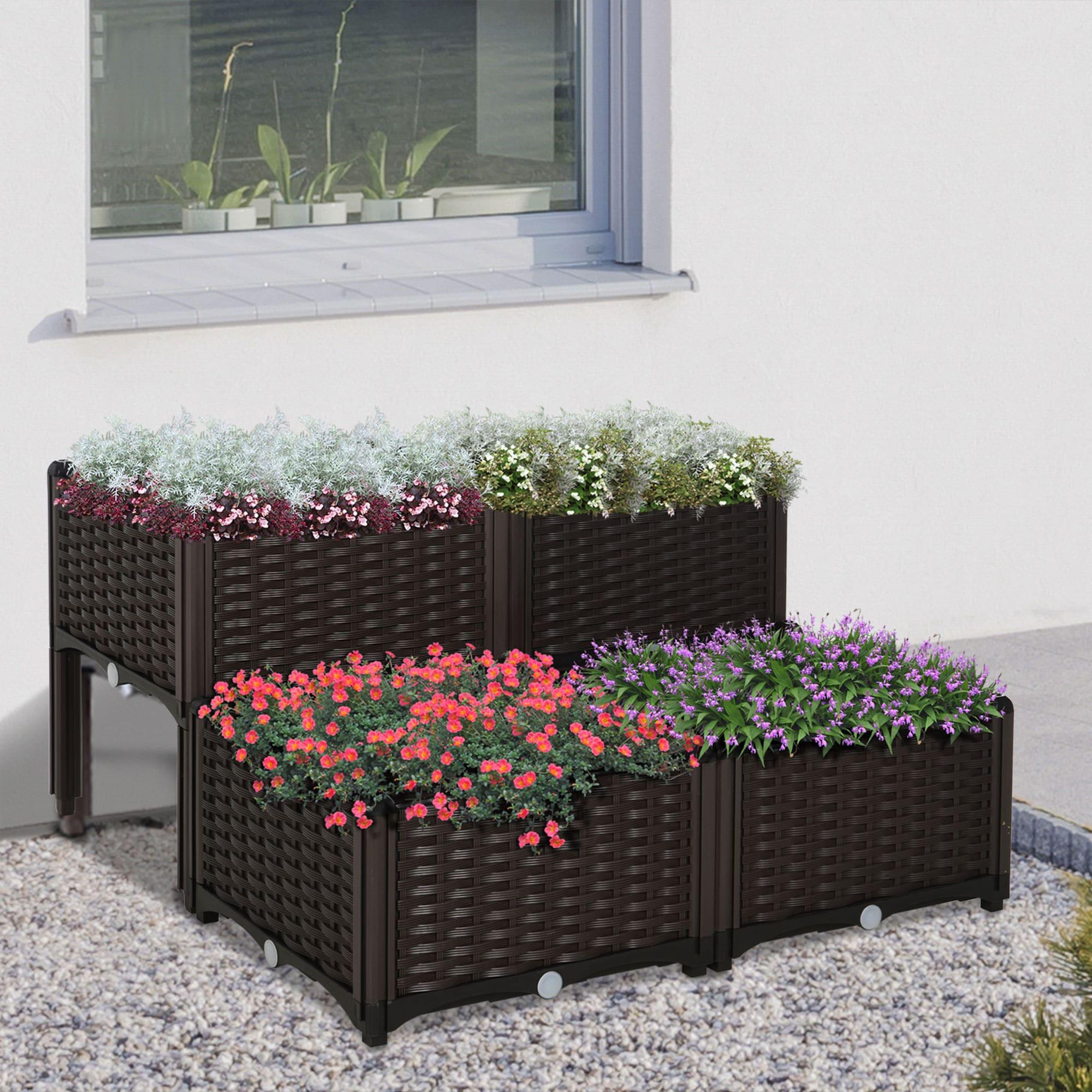 Outsunny 4-Piece Raised Garden Bed Planter Raised Bed with Self-Watering Design and Drainage Holes for Flowers, Brown