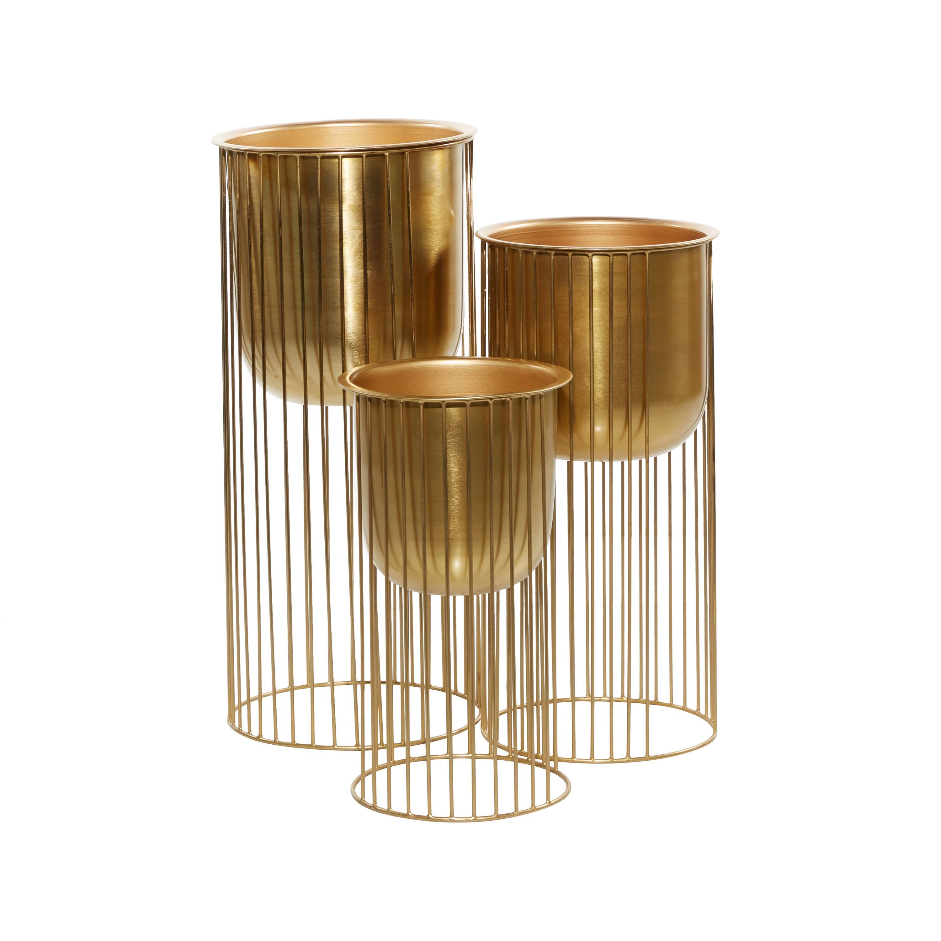 DecMode 24", 20", 16"H Deep Recessed Dome Gold Metal Planter with Elevated Caged Stand (3 Count)