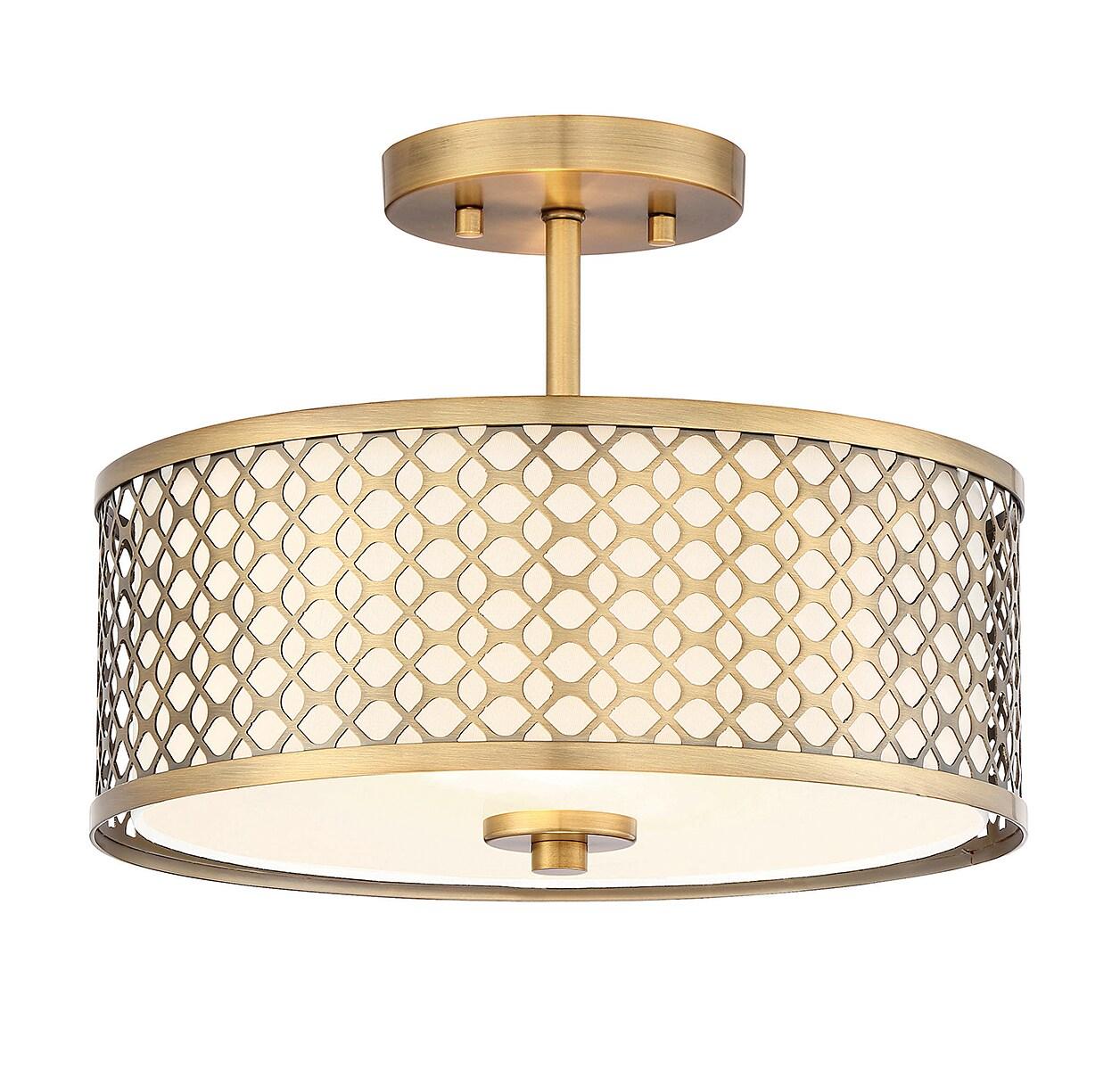 Meridian Elegance 2-Light Natural Brass Ceiling Light with Cream Fabric Shade