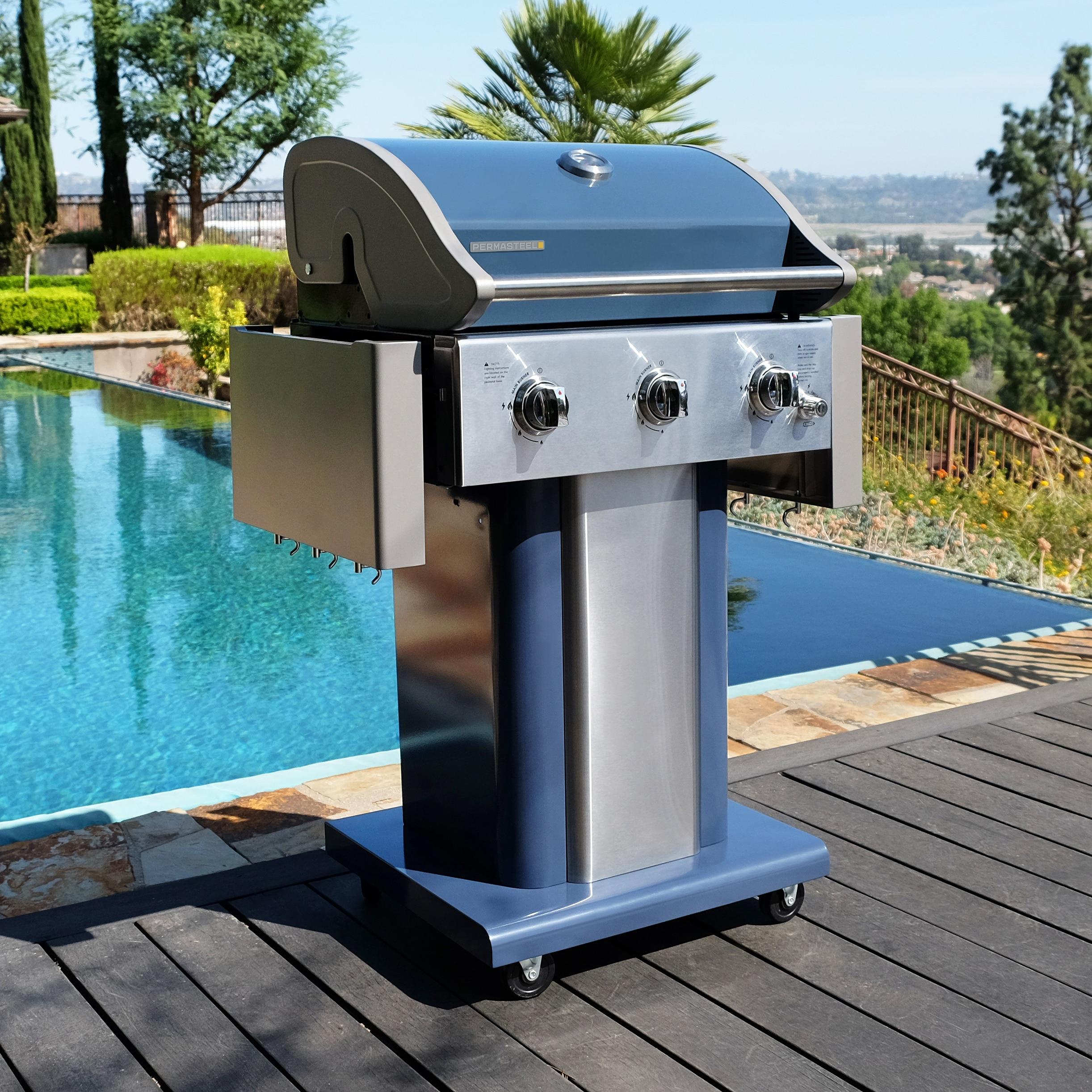 Permasteel 3-Burner Compact Propane Gas Grill with Foldable Side Tables and Grilling Tool Hooks