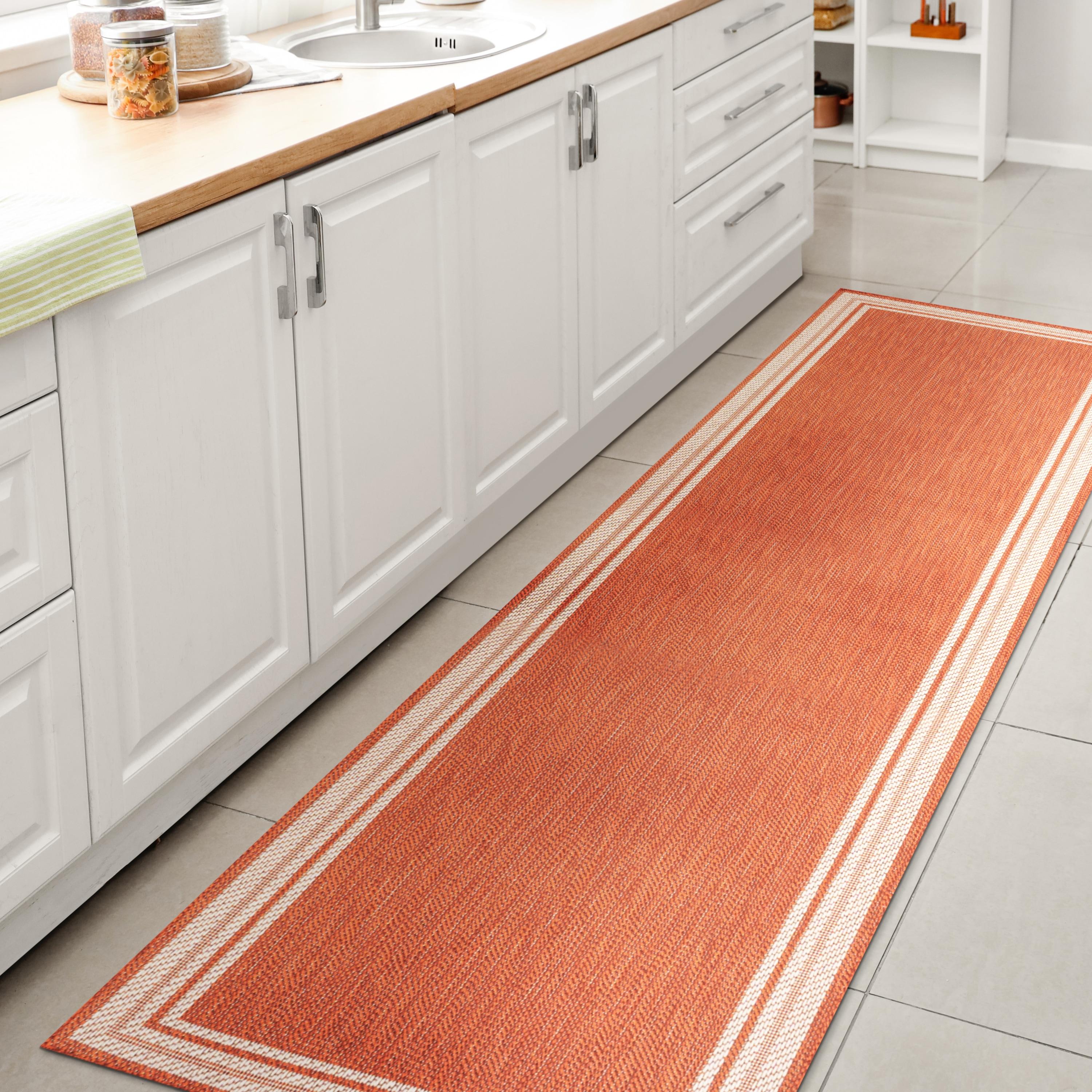 2' x 8' James Modern Border Stripe Indoor/Outdoor Runner Rug, Orange/Cream - JONATHAN Y