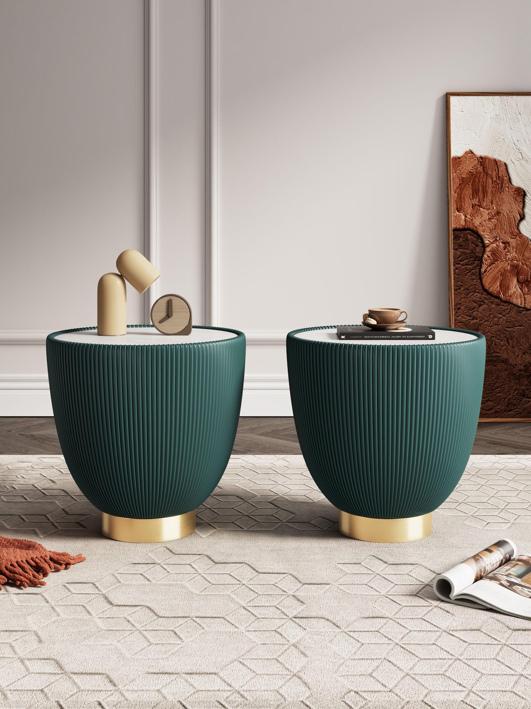 Manhattan Comfort Set of 2 Anderson Leatherette End Tables with Faux Marble Tabletop Green: Gold Finish, No Assembly Required