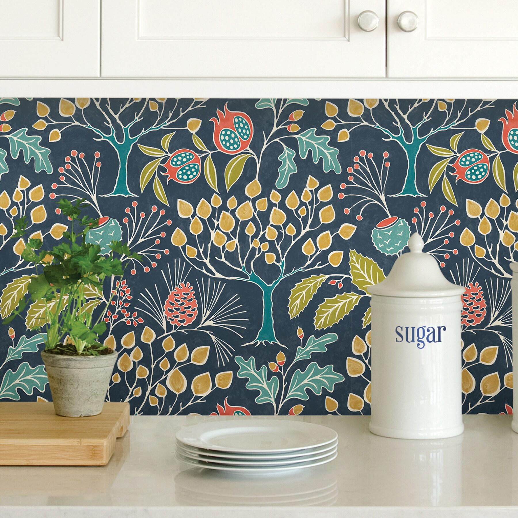 NuWallpaper Groovy Garden Navy Vinyl Peel And Stick Wallpaper, 216-in by 20.5-in, 30.75 Sq. ft. 1 count