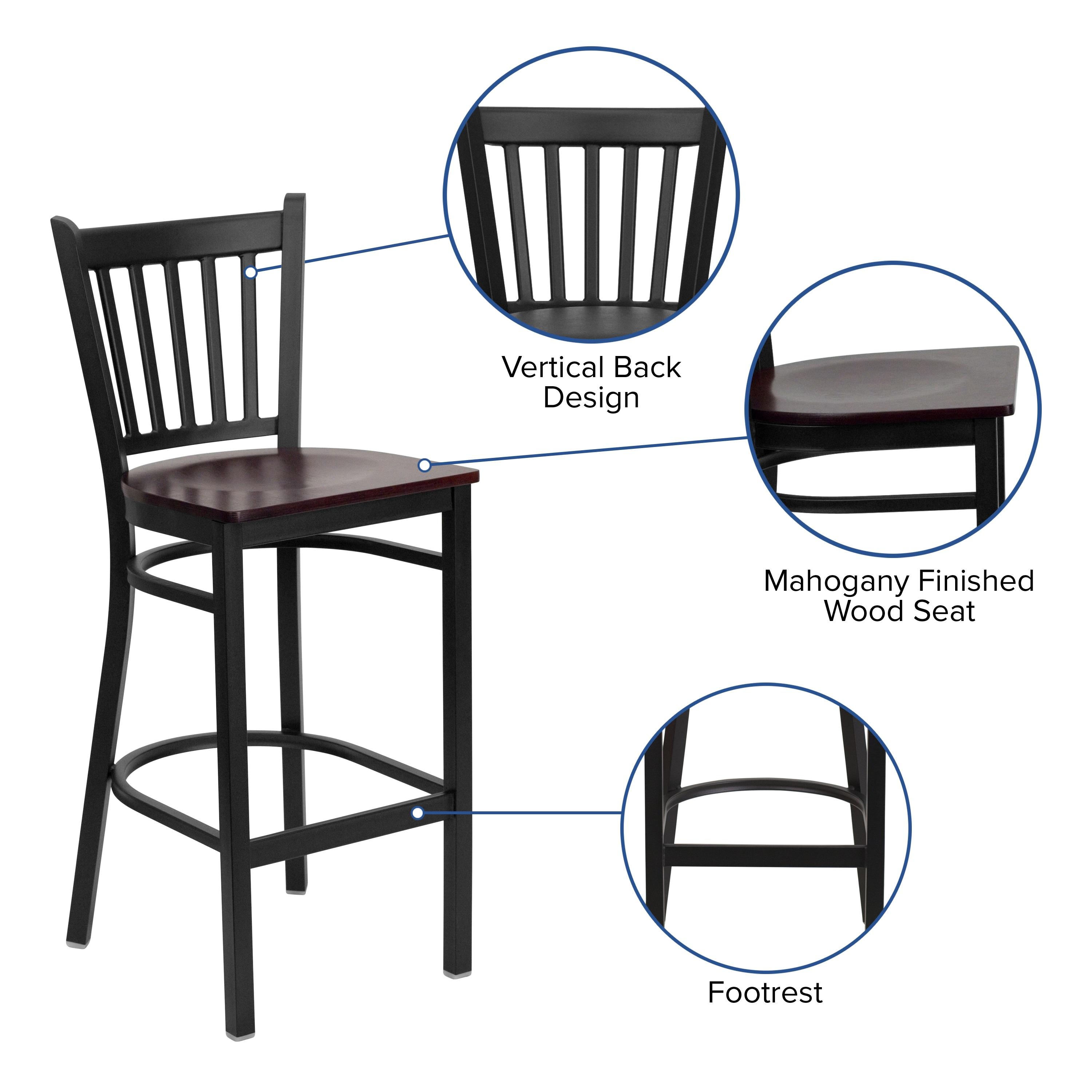 Flash Furniture HERCULES Series Black Vertical Back Metal Restaurant Barstool - Mahogany Wood Seat