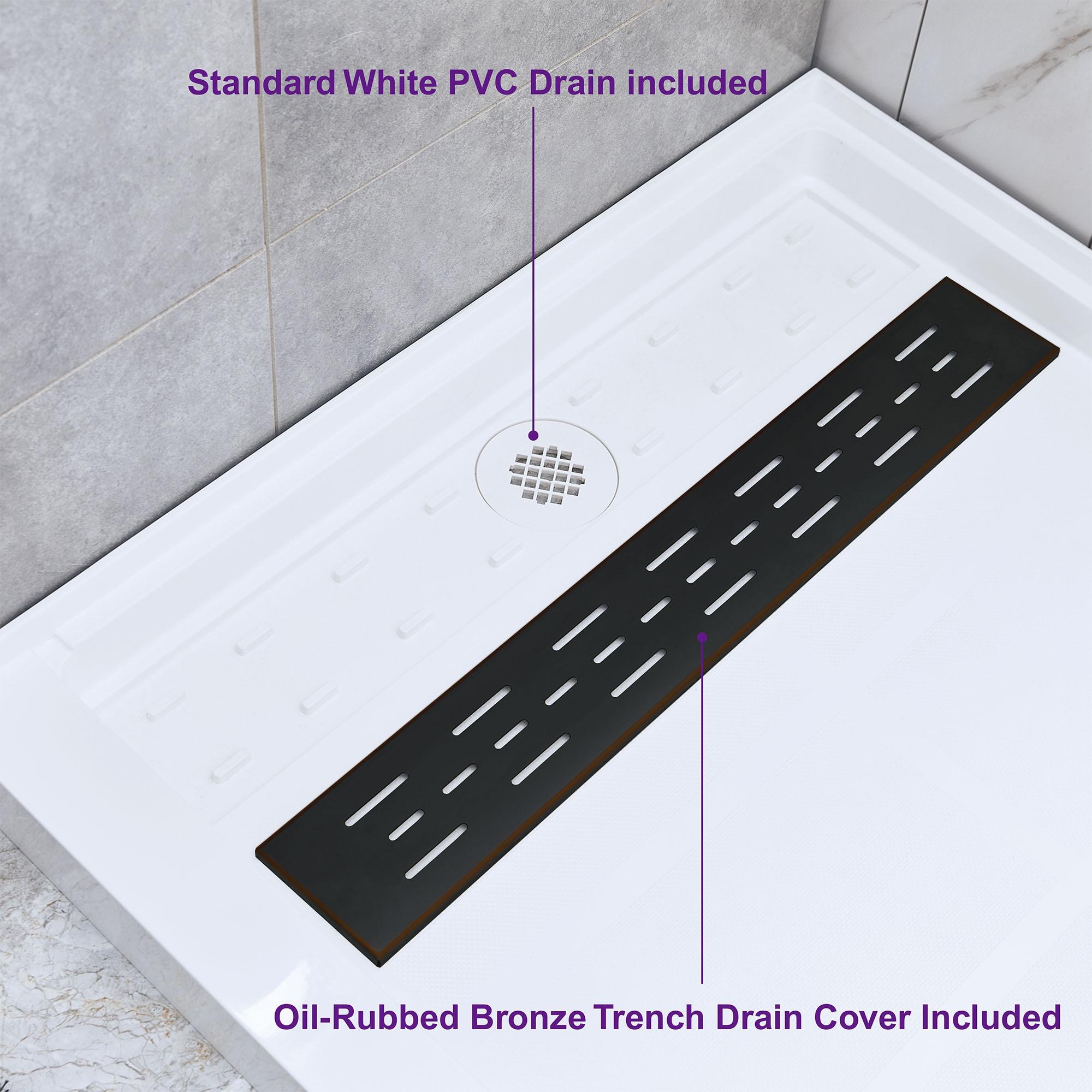 60" x 36" Solid Surface Single Threshold Shower Pan Base with Drain Assembly & Drain Cover Included, Non-Slip