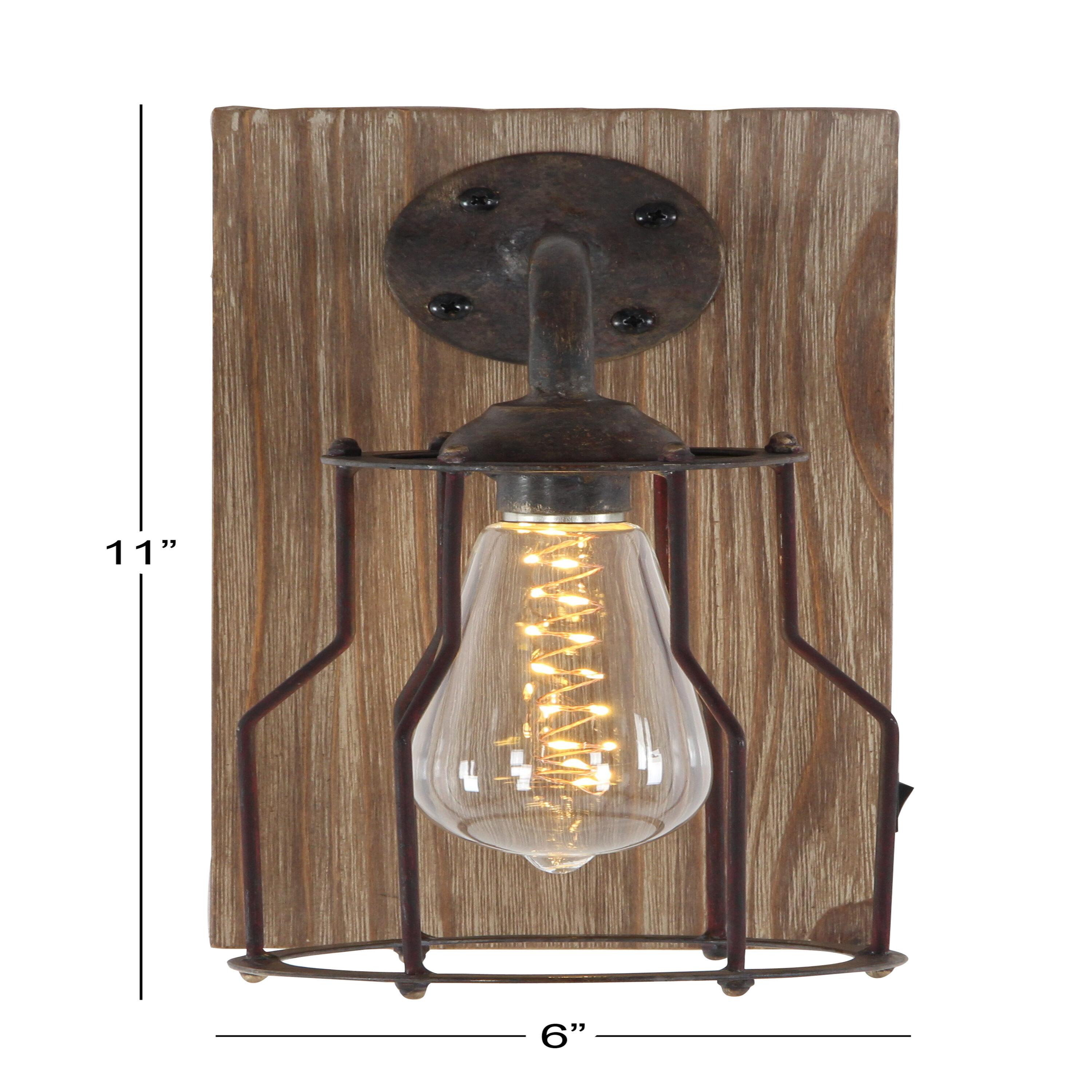 DecMode Industrial Metal Wall Sconce with Wood Backplate and Iron Cage, 6"W x 11"H Features Rustic Brown Finish