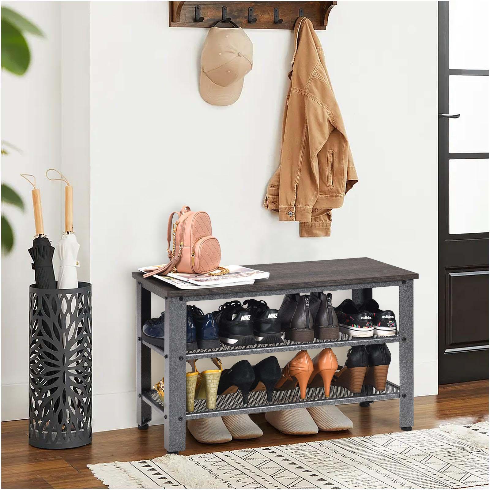 Tangkula 3-Tier Industrial Shoe Rack Entryway Bench with Mesh Storage Shelf