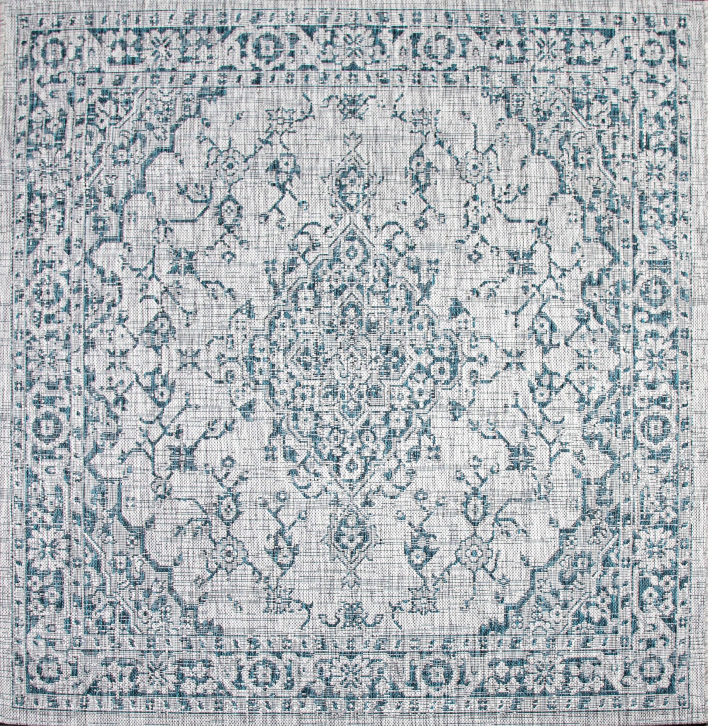 5' Square Rozetta Boho Medallion Textured Weave Indoor/Outdoor Area Rug, Gray/Teal - JONATHAN Y