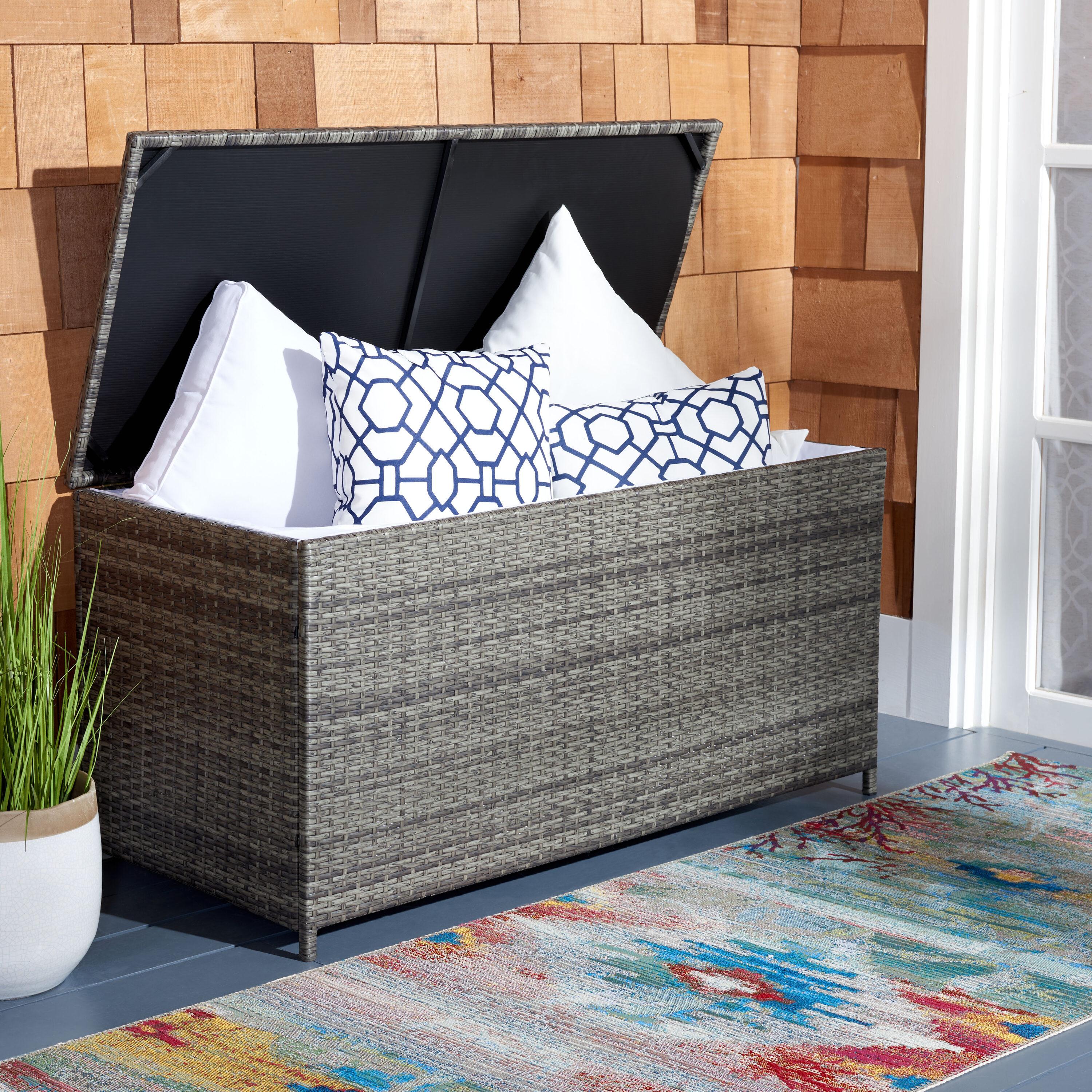 Oliveira Outdoor Cushion Deck Box - Grey Brown/White Cushion - Safavieh