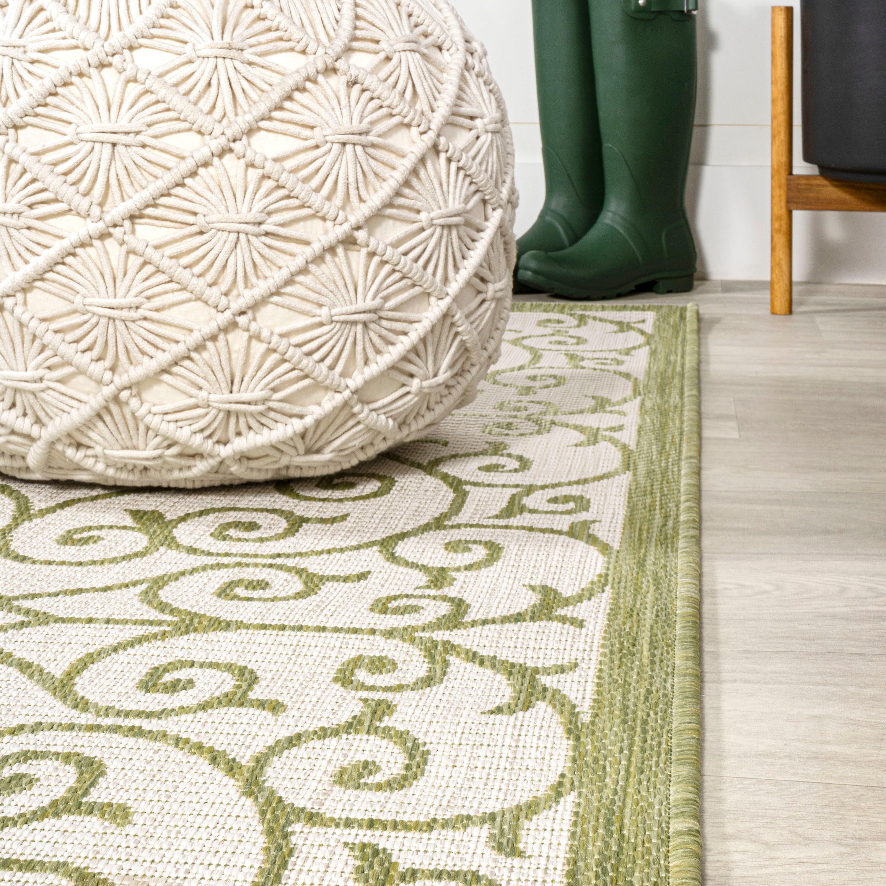 2' x 10' Madrid Vintage Filigree Textured Weave Indoor/Outdoor Runner Rug, Green/Cream - JONATHAN Y