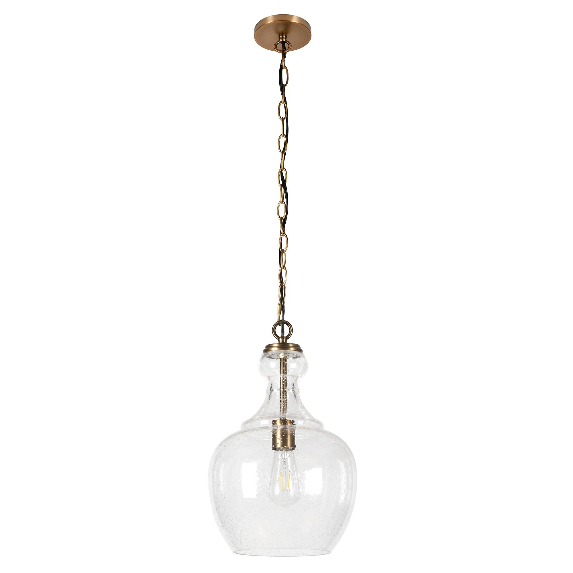 Henn&Hart 11" Wide Pendant with Glass Shade in Brass/Seeded, Pendant, Flush Mount Ceiling Light Fixture for Kitchen, Living Room