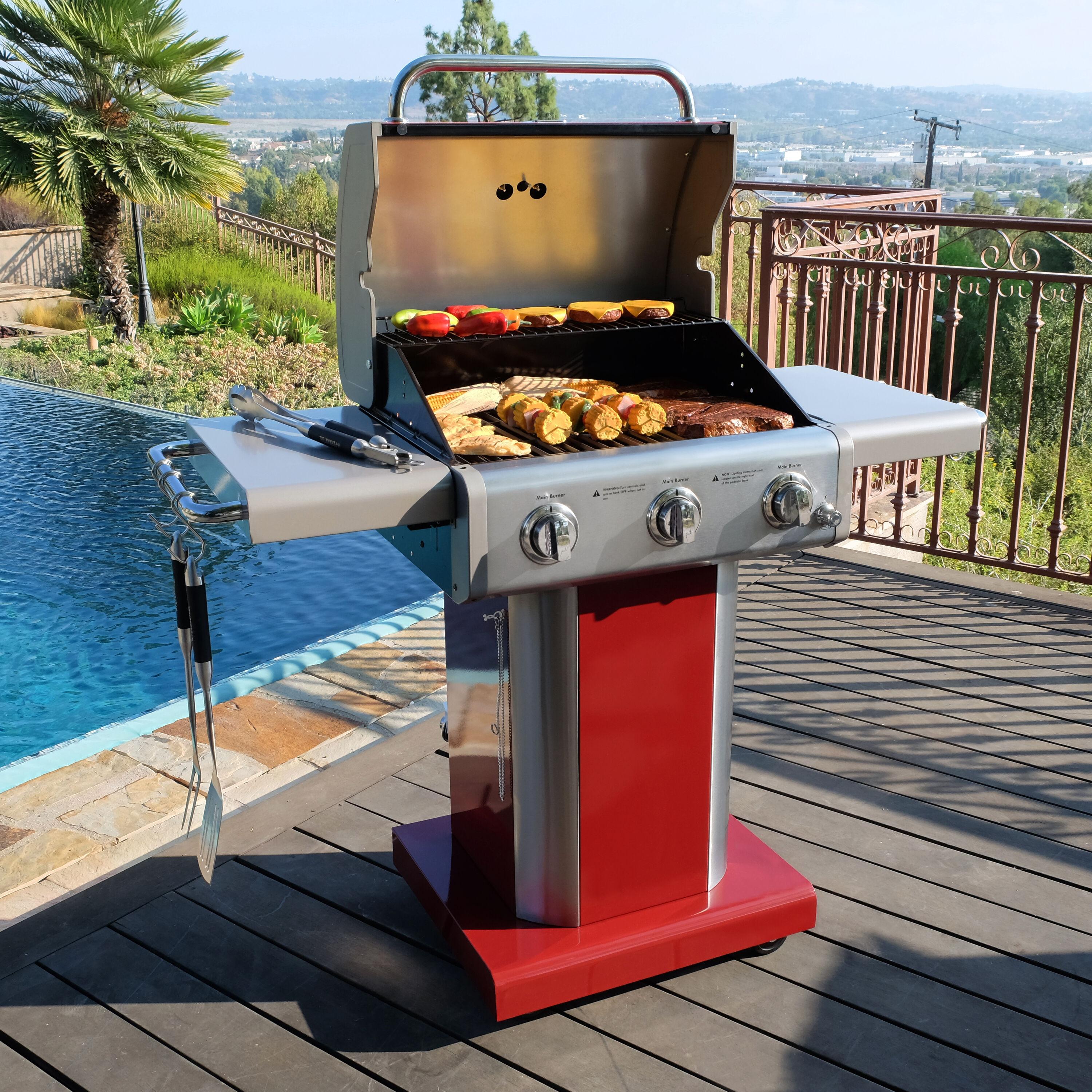 Kenmore 3-Burner Propane Gas Grill with Foldable Side Tables for Outdoor BBQ