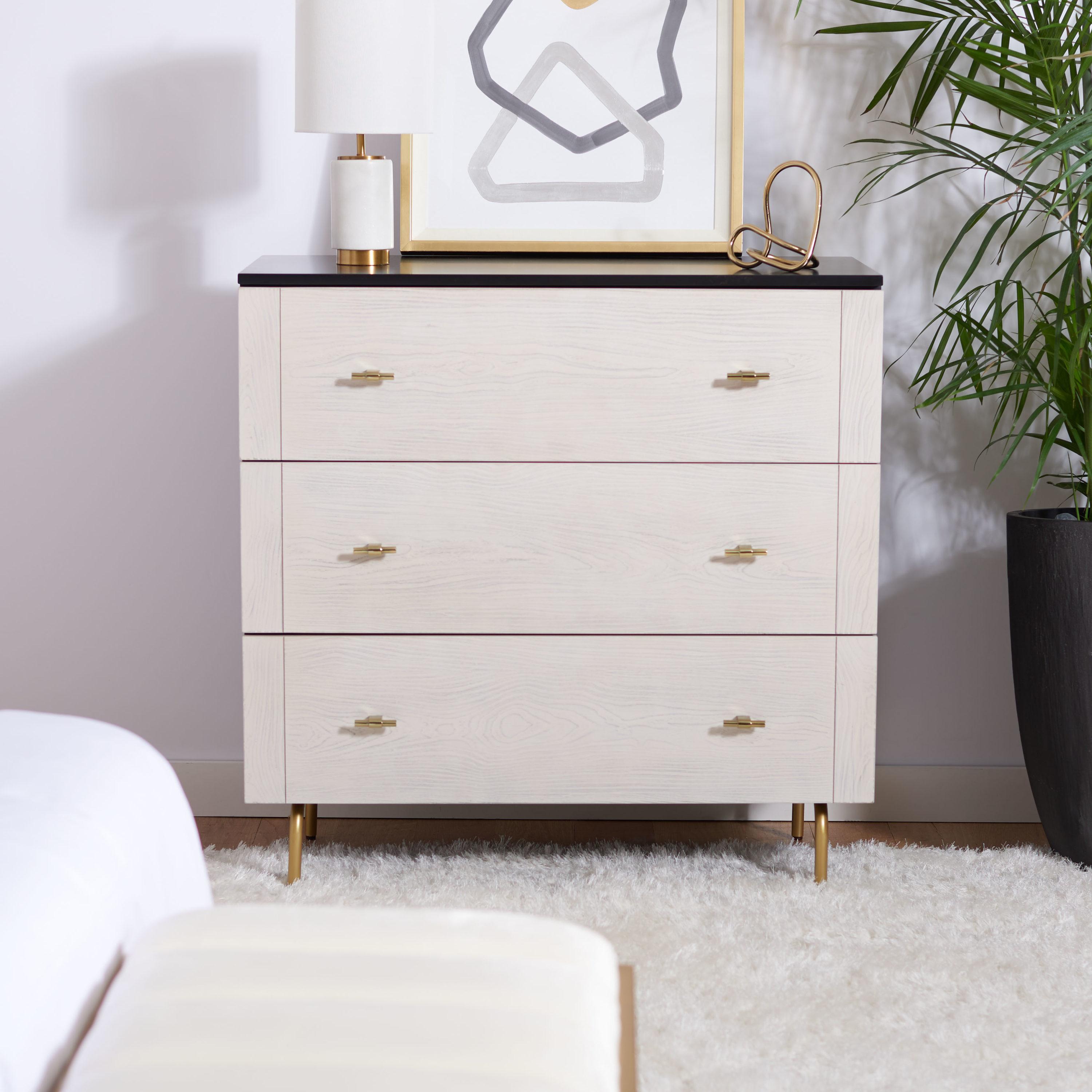 SAFAVIEH Genevieve Mid-Century Retro 3 Drawer Dresser, Black/White Washed (36 in. W x 18 in. D x 36 in. H)