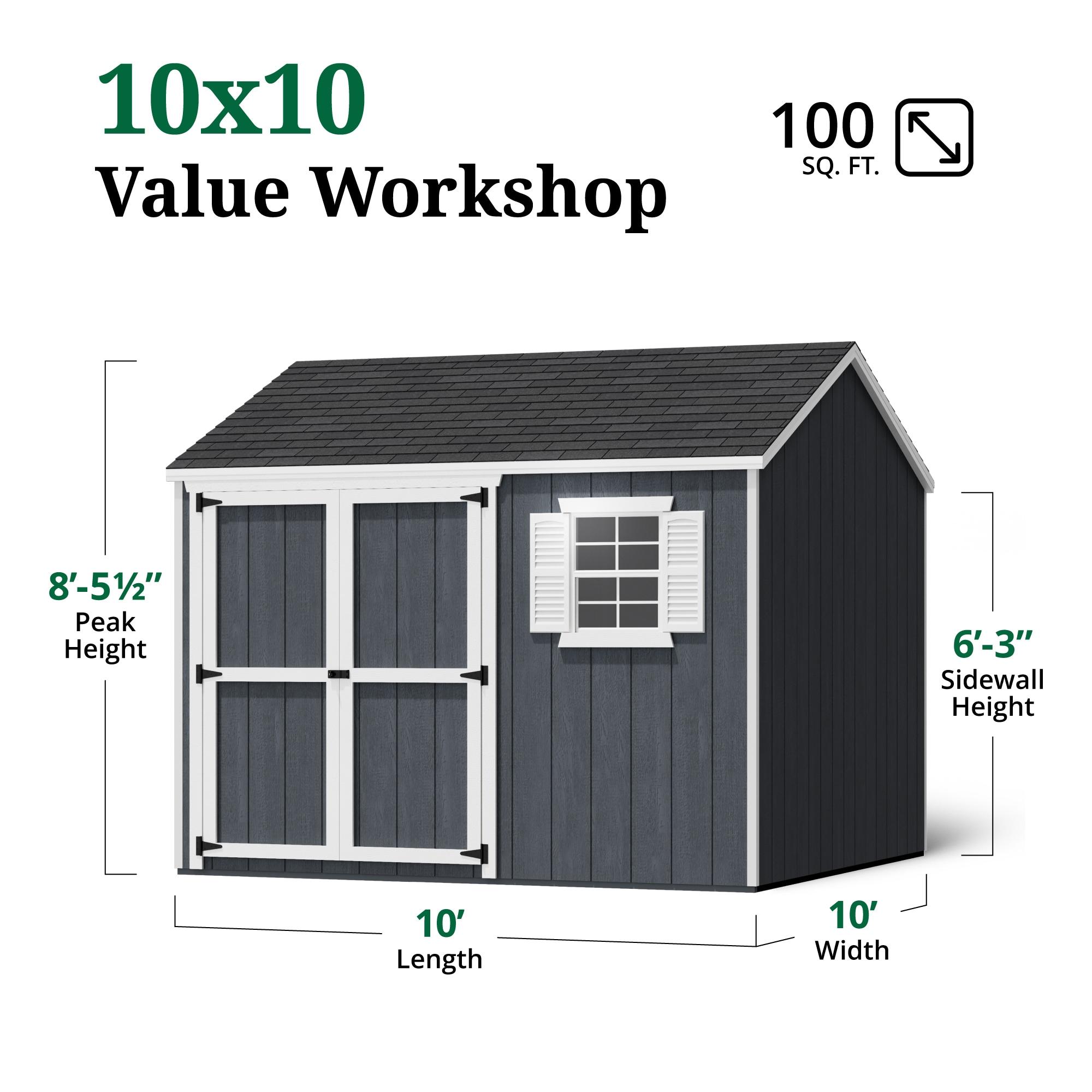 Little Cottage Co. 10x10 Value Workshop Shed with Operable Windows and Floor, Outdoor Wood Storage Do-It-Yourself Precut Kit