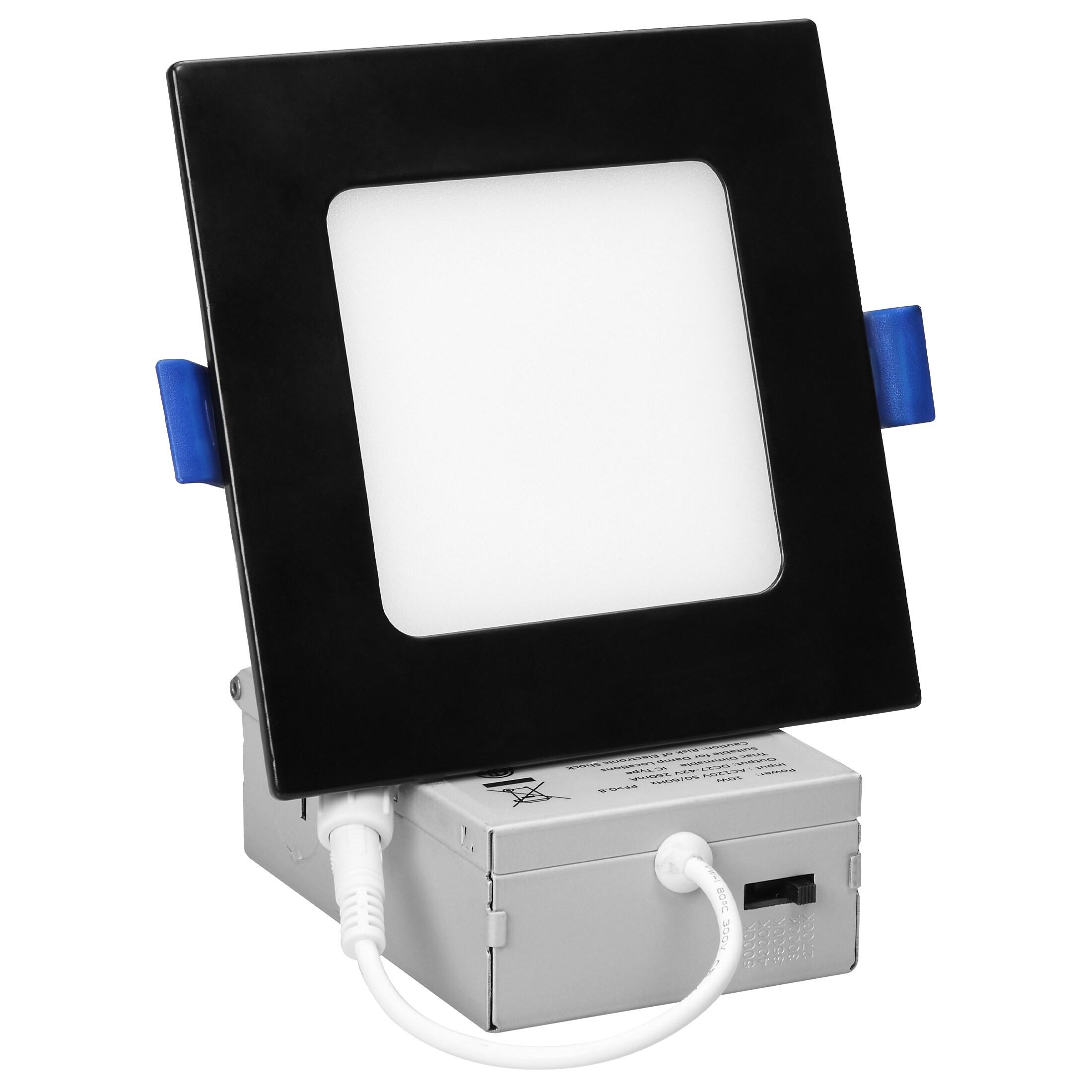 Maxxima 4 in. Square Ultra Thin Recessed LED Downlight, 700 Lumens, Black Trim, 5 CCT Color Selectable 2700K/3000K/3500K/4000K/5000K, Canless IC Rated, Slim, Dimmable, J-Box Included