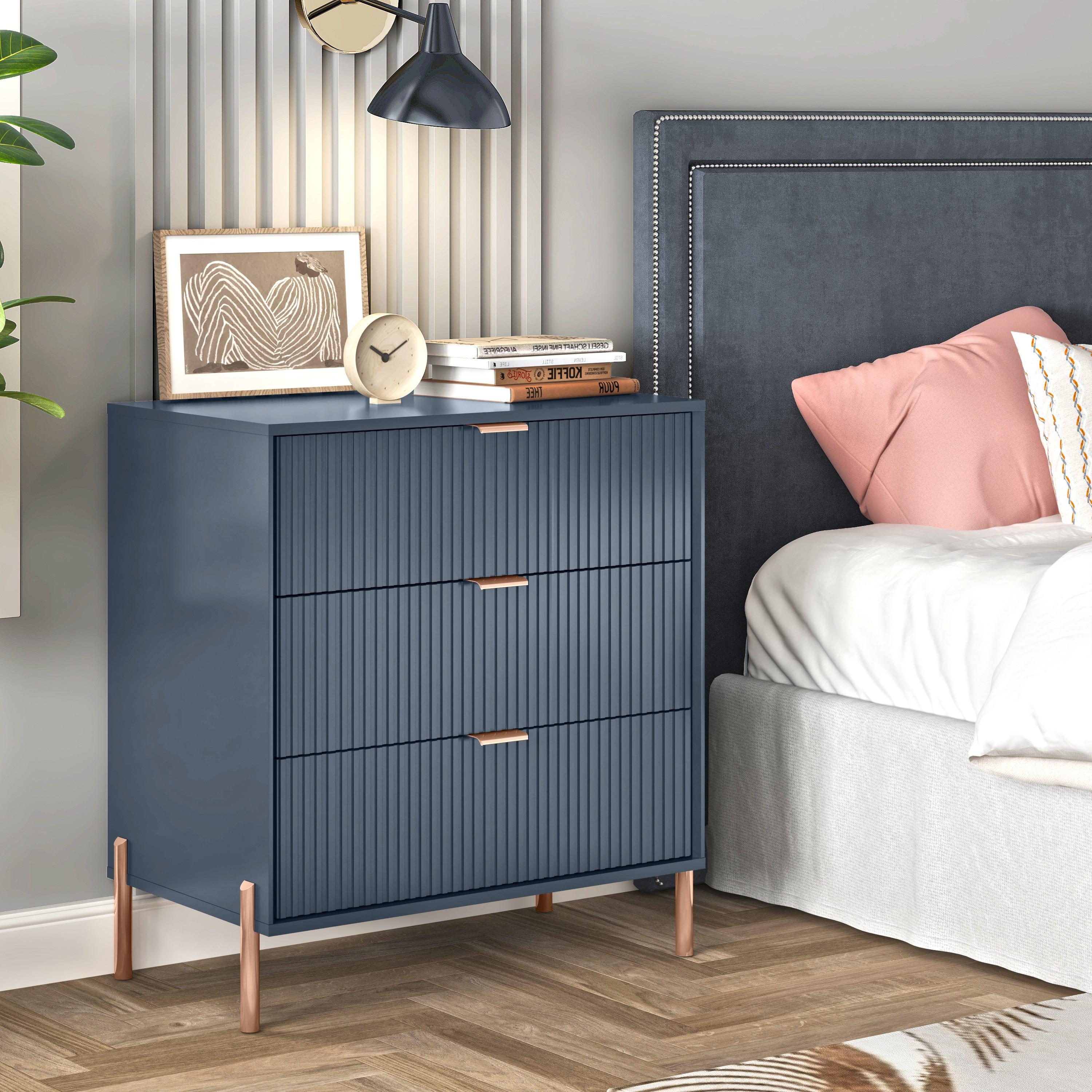 Festivo 3 Drawer Nightstand Navy: Scandinavian Modern Style, MDF Construction, Storage Solution with Anti-Tip Hardware