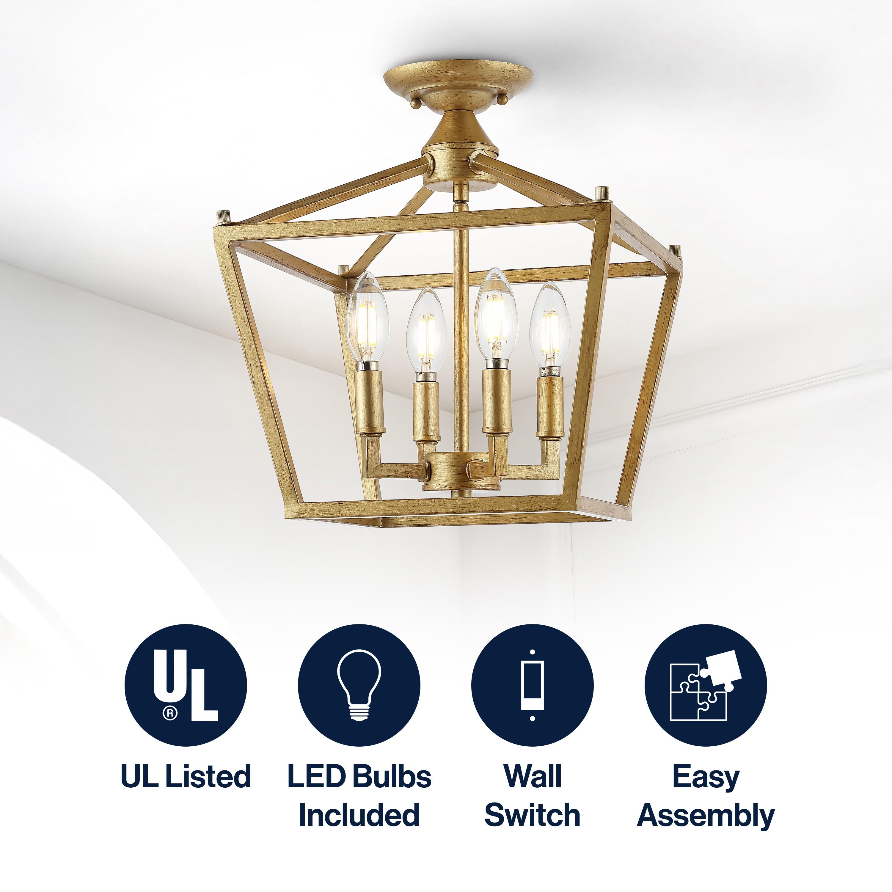 Plains Mini Lantern 12 in. 4-Light Brass Gold Iron Modern Farmhouse LED Flush Mount,