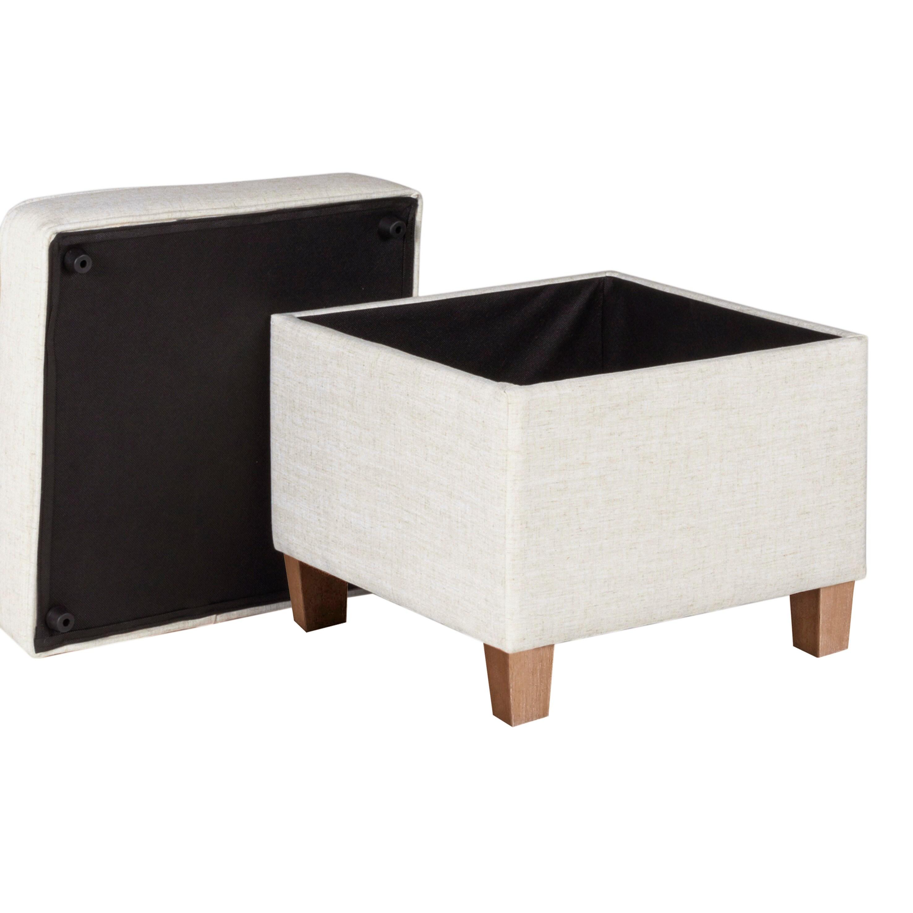 HomePop Cole Classics Square Storage Ottoman with Lift Off Top Linen: Upholstered Footstool, Wood Legs, Polyester