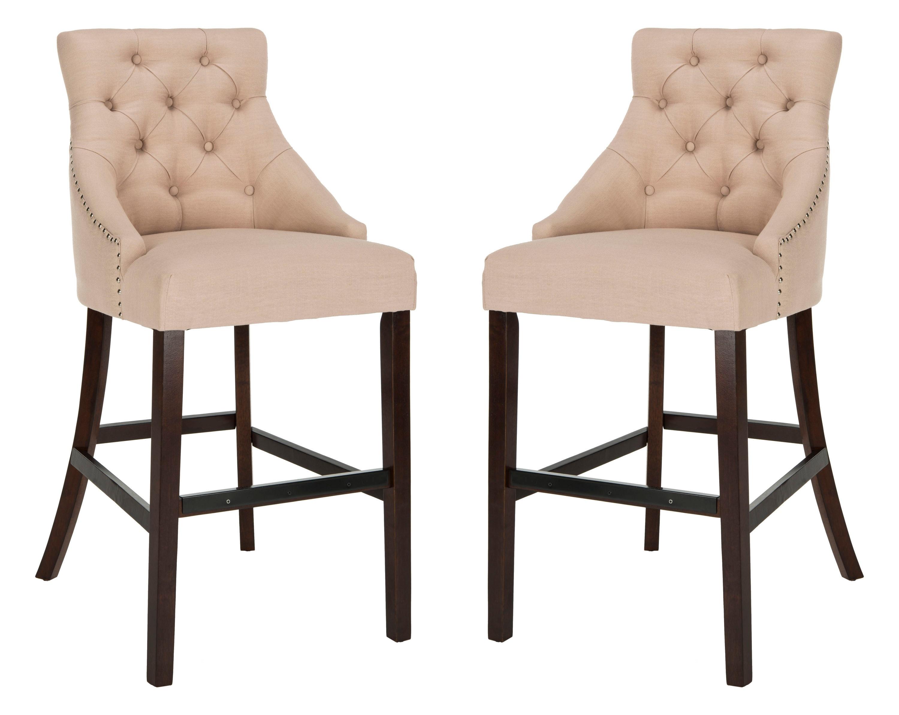 Eleni Tufted Wing Back Bar Stool (Set Of 2) - Beige/Espresso - Safavieh