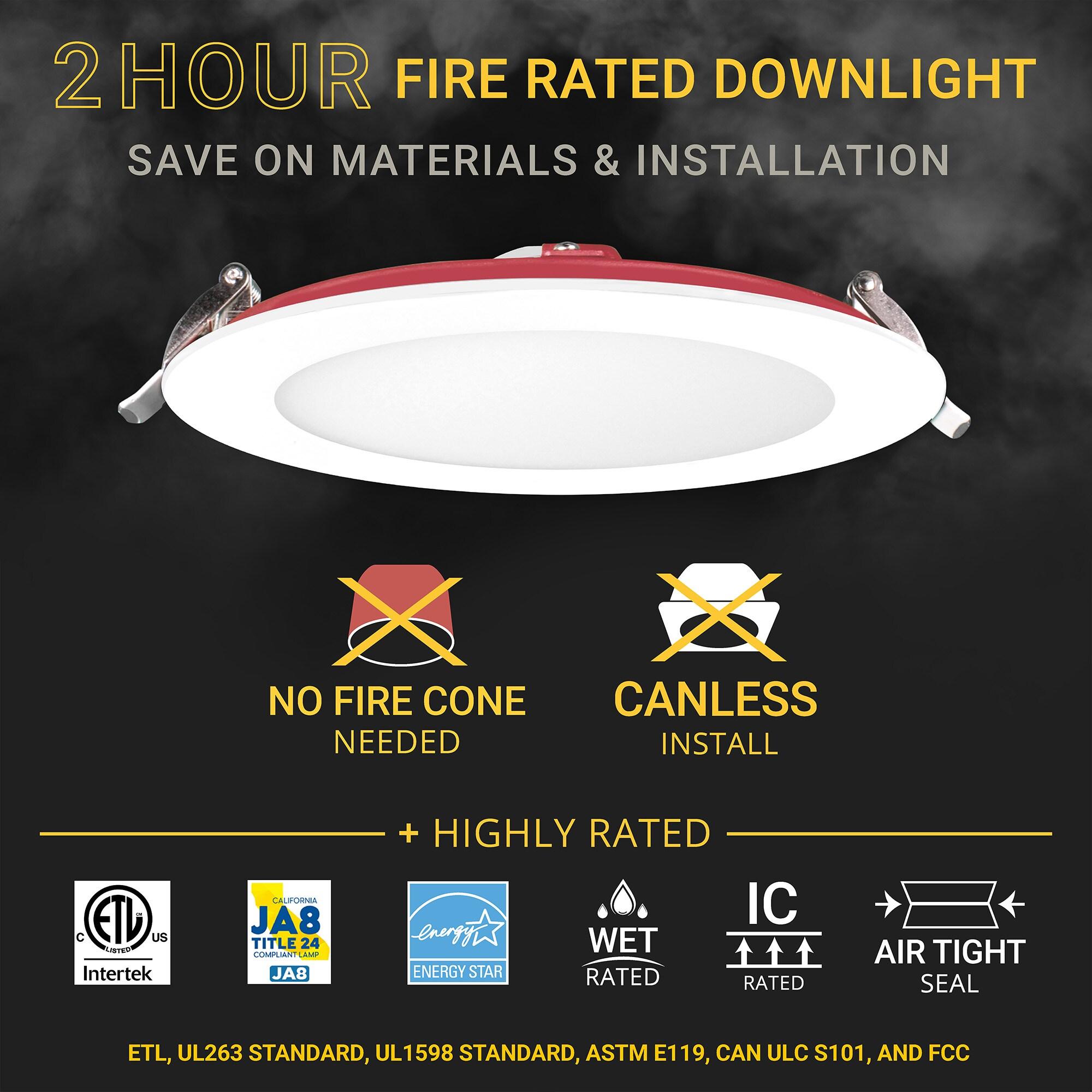 6 in. 2 HOUR Fire Rated Slim Canless LED Recessed Light 15W, 5CCT, 1200LM Dimmable IC Rated 12PK