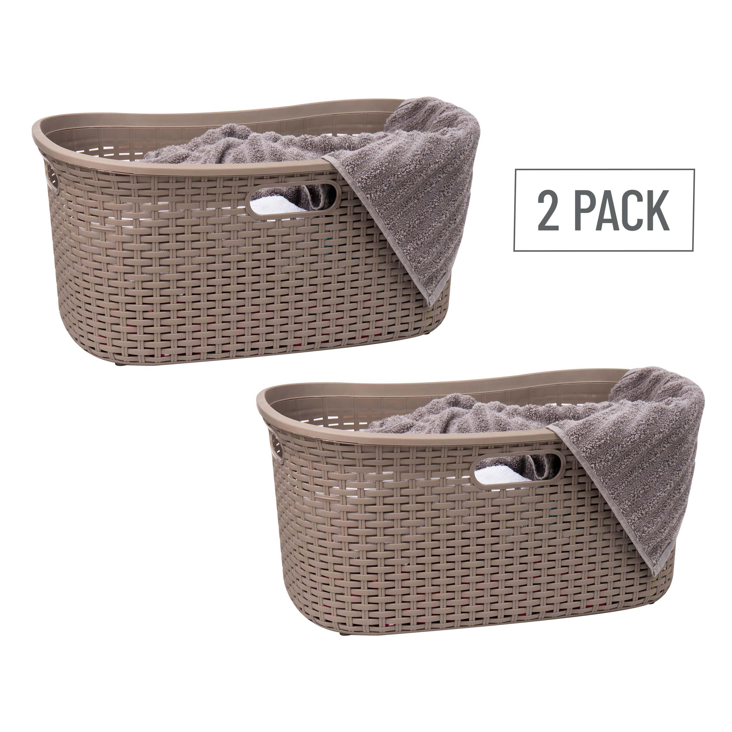 Mind Reader 40L Laundry Basket, Clothes Hamper, Lid, Wicker Design, Plastic, 23"L x 14.5"W x 11"H, Set of 2, Tan