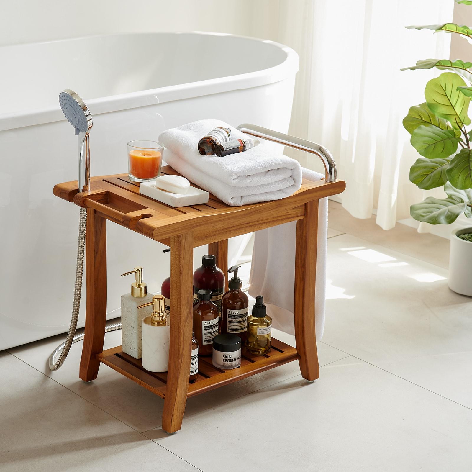 Utopia Alley 20'' Teak Shower Bench with Handle, Large Teak Shower Stool for Bathroom, Waterproof Bathroom Bench - Teak Shower Stool