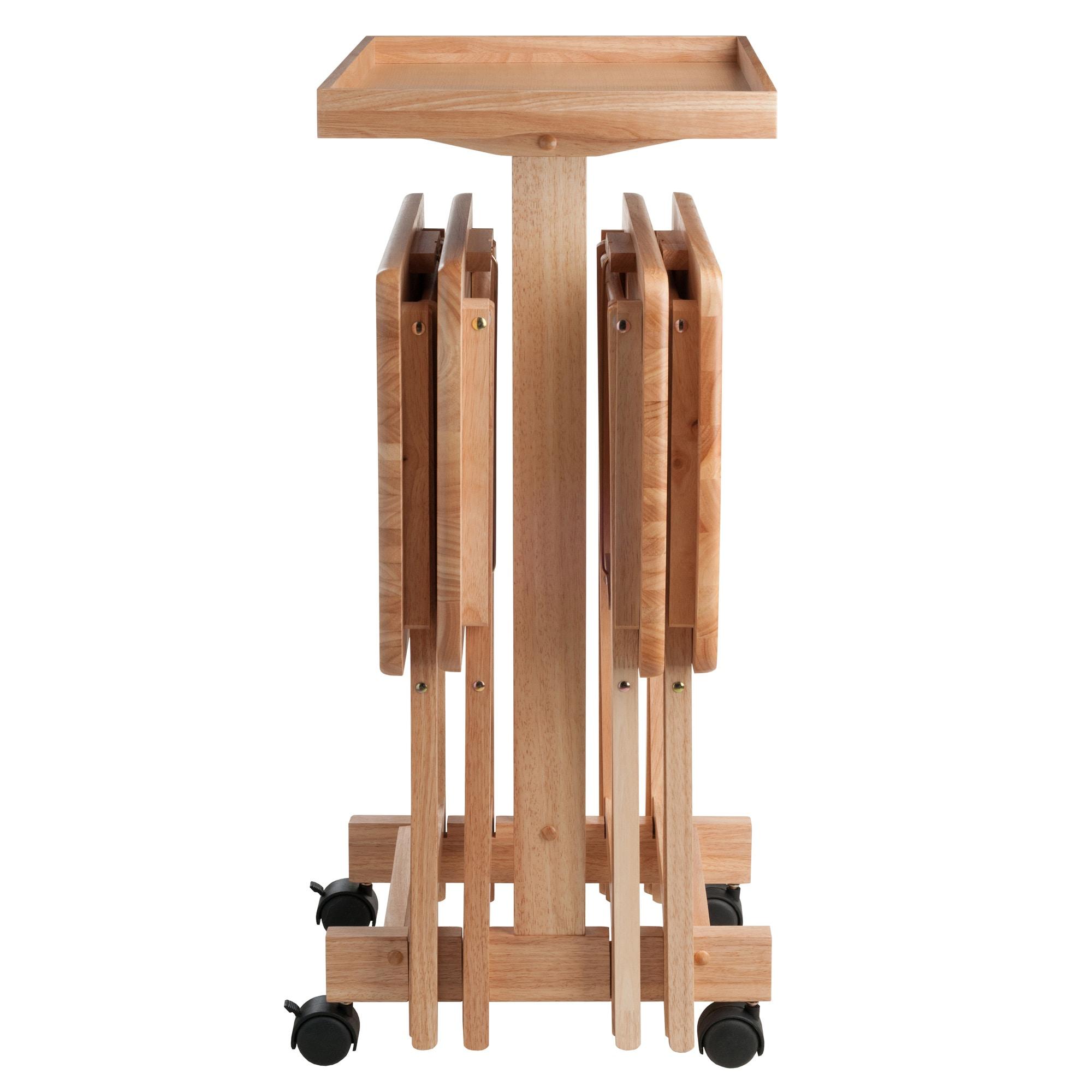 6pc Snack Table Set - Natural - Winsome: Hardwood Construction, Foldable with Wheeled Storage Frame