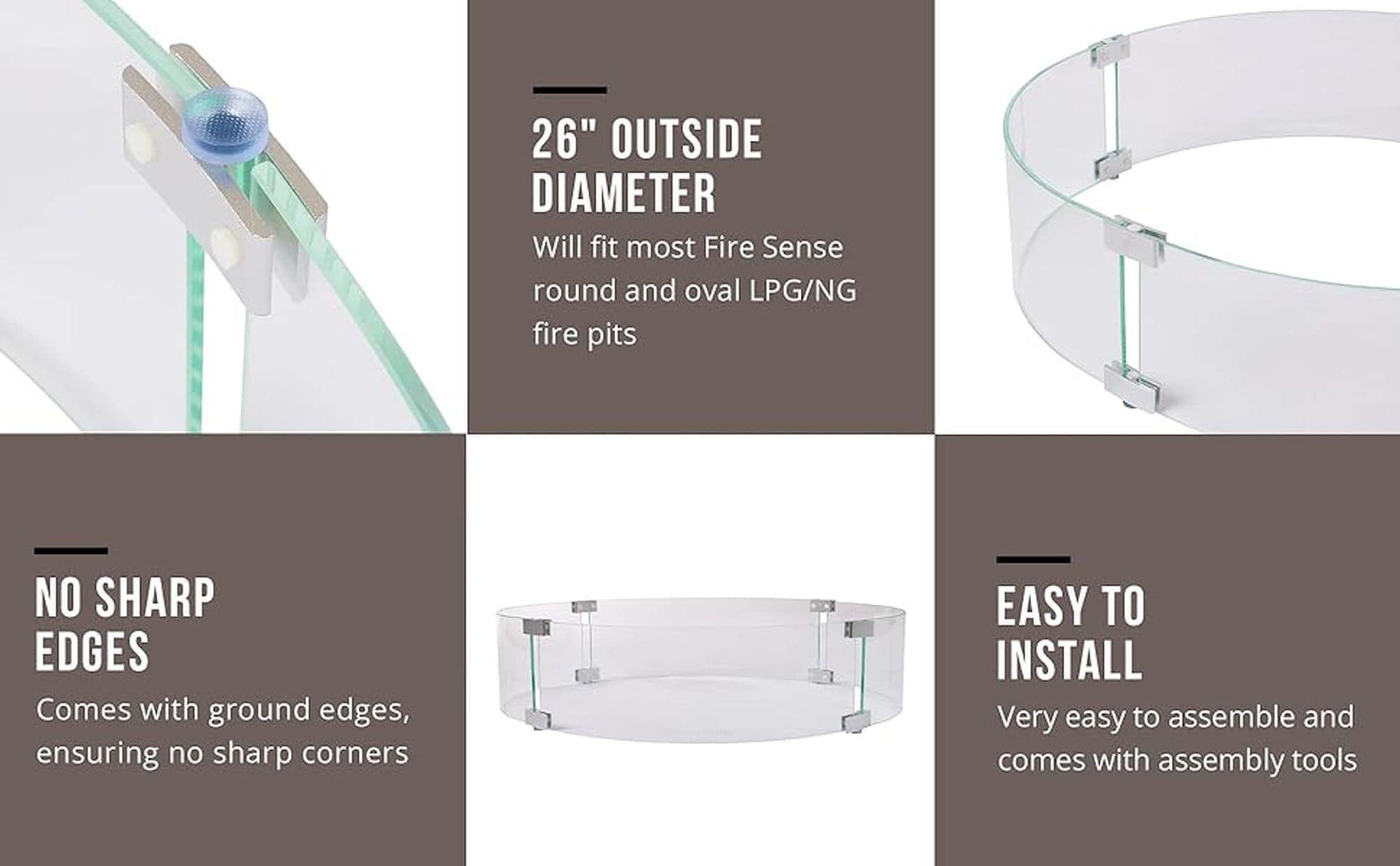 Fire Sense Fire Sense Wind Guard Clear Glass Tempered Glass for Propane, Gas, Fire Pits and Patio Heaters-Round-26 Inches