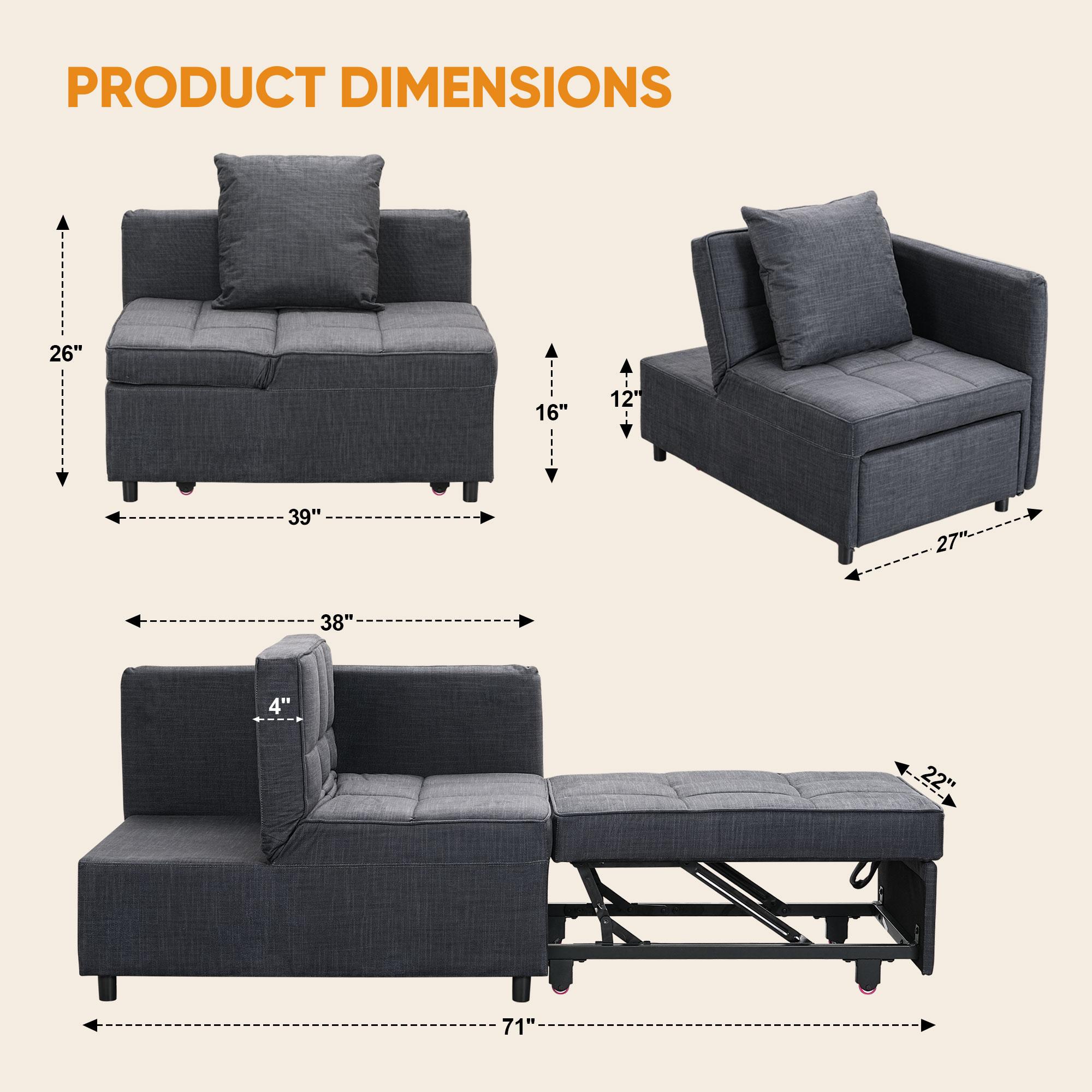 Ainfox 4-in-1 Convertible Sleeper Chair Bed Pull Out Sofa Bed Chaise Lounge for Home Office, Grey