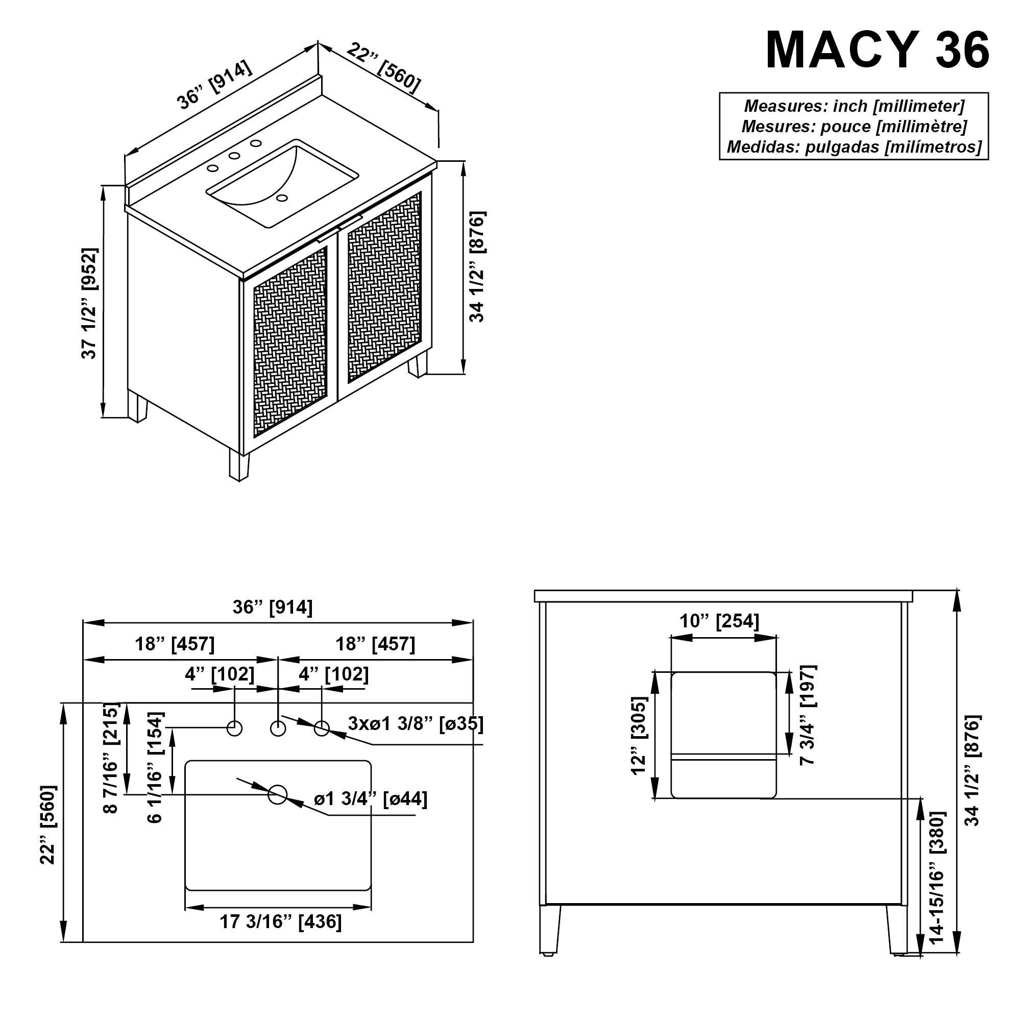 Ove Decors Macy 36 in W x 22 in D Freestanding Bathroom Vanity with Sink, Rustic Ash