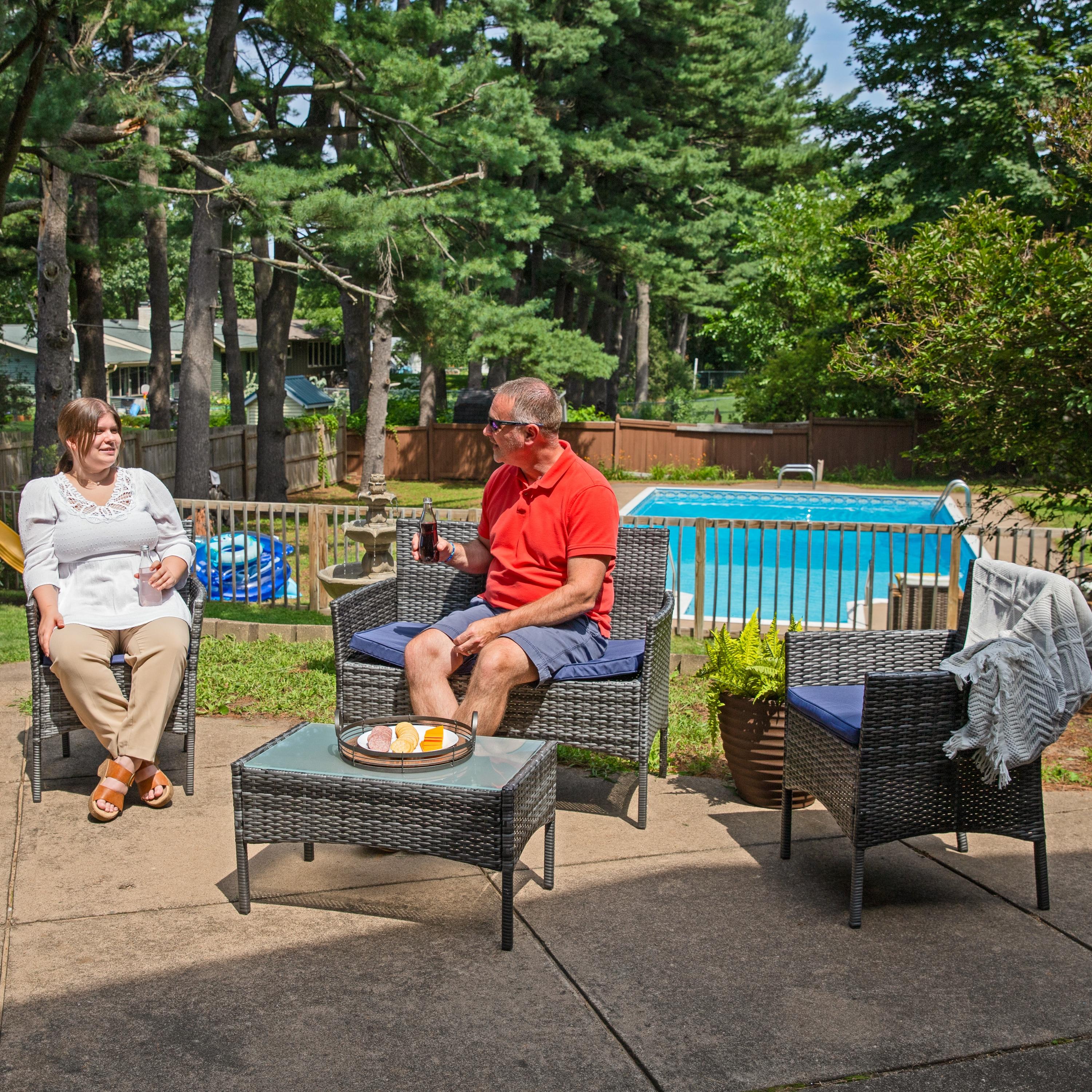 Sunnydaze Outdoor Dunmore Patio Conversation Furniture Set with Loveseat, Chairs, and Table - Gray and Navy - 4pc