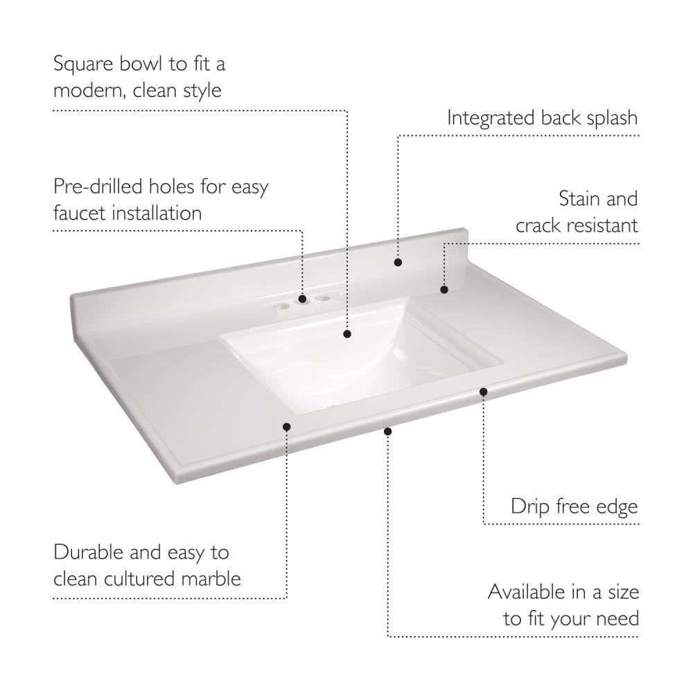 Camilla 37 in Cultured Marble Center Mount Rectangle One Bowl Vanity Top with Backsplash in Solid White