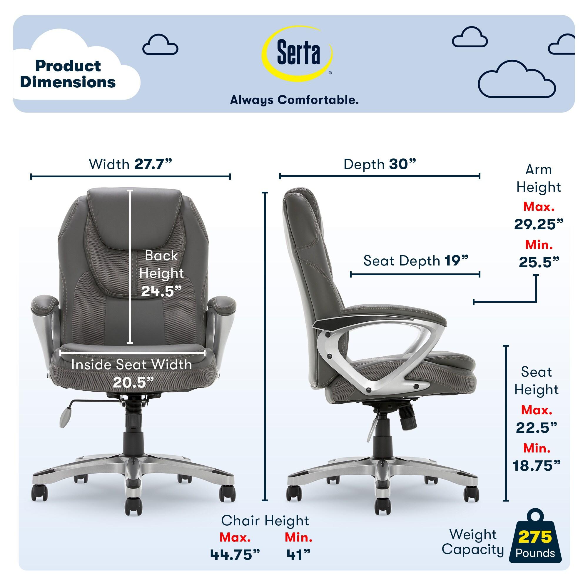 Amplify Executive Mesh Office Chair Seamless Light Gray - Serta: Ergonomic with Fixed Arms & Casters, Adjustable Height