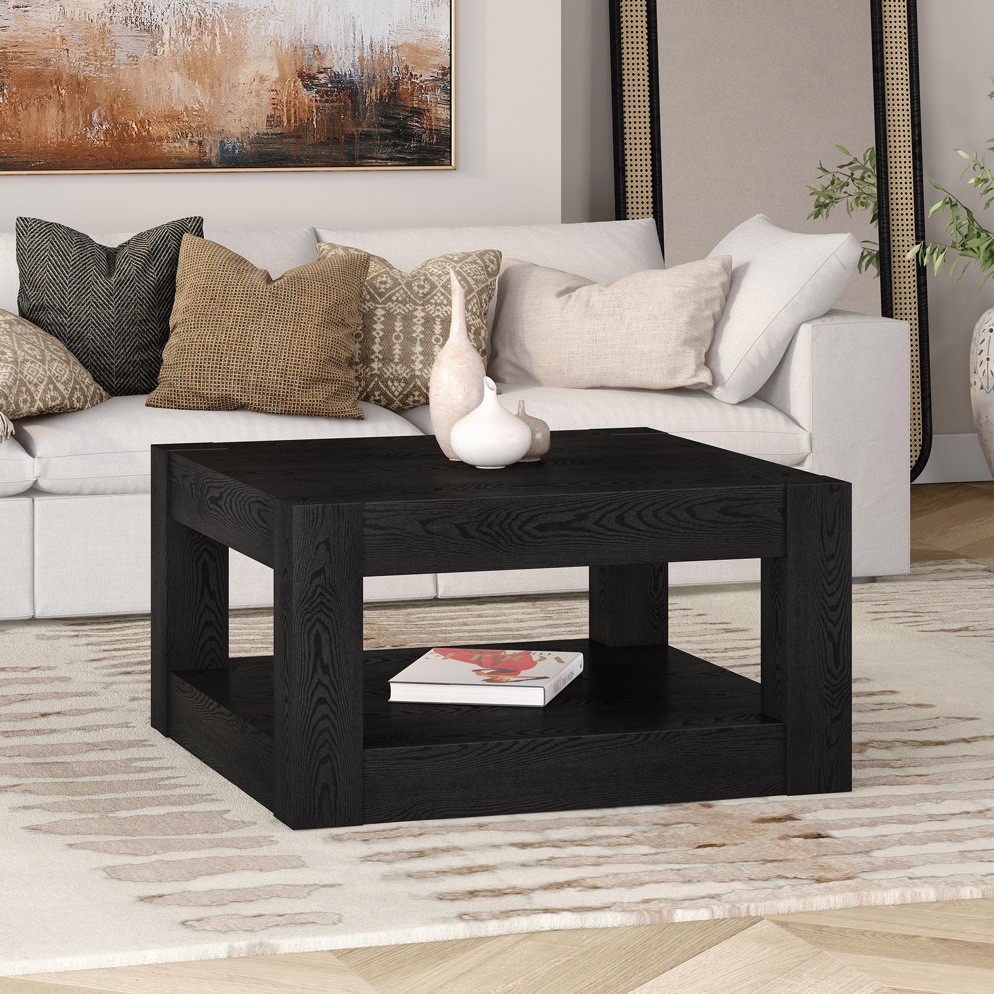 Evelyn&Zoe Hughes 32" Wide Square Coffee Table, Black Grain