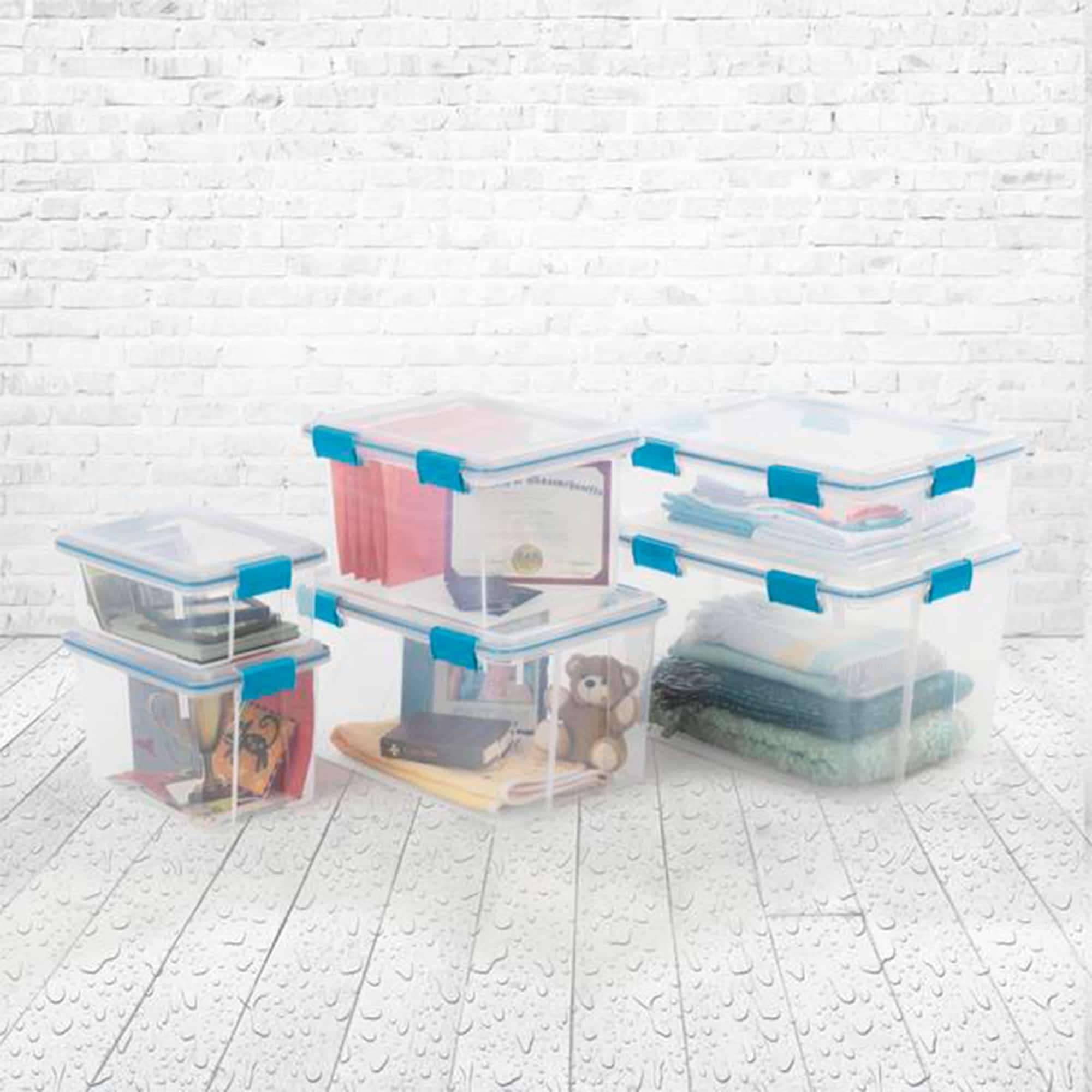 Sterilite 12 Qt Gasket Box, Stackable Storage Bin with Latching Lid and Tight Seal Plastic Container to Organize Basement, Clear Base and Lid, 12-Pack
