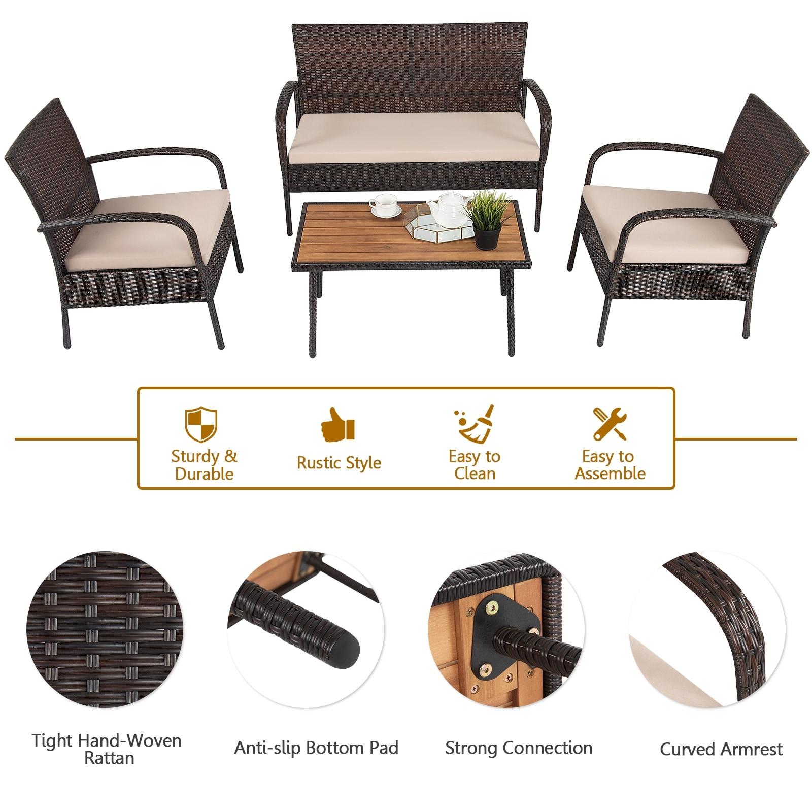 Tangkula 4PCS Cushioned Rattan Patio Conversation Set Outdoor Furniture Set