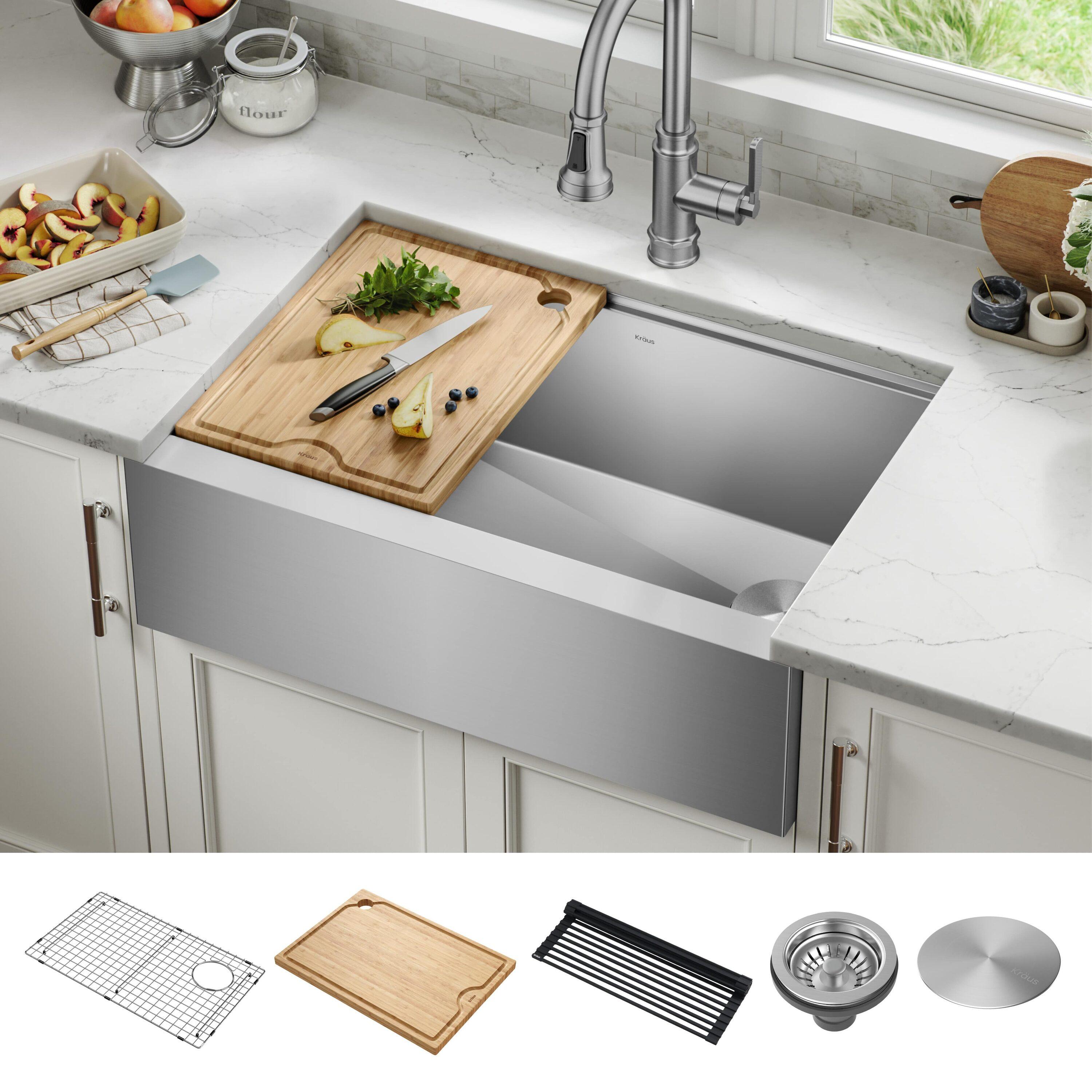 KRAUS Kore Workstation 30-inch L Farmhouse Flat Apron Front 16 Gauge Single Bowl Stainless Steel Kitchen Sink