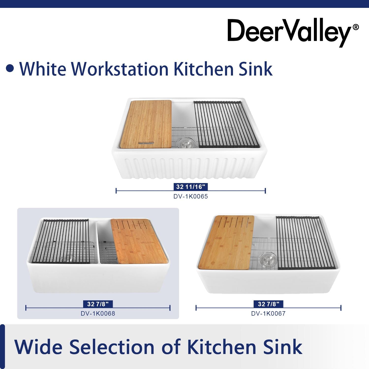 DeerValley 33" L X 20" W Double Basin Workstation Farmhouse Kitchen Sink With Sink Grid, Cutting Board And Dish-Drying Rack
