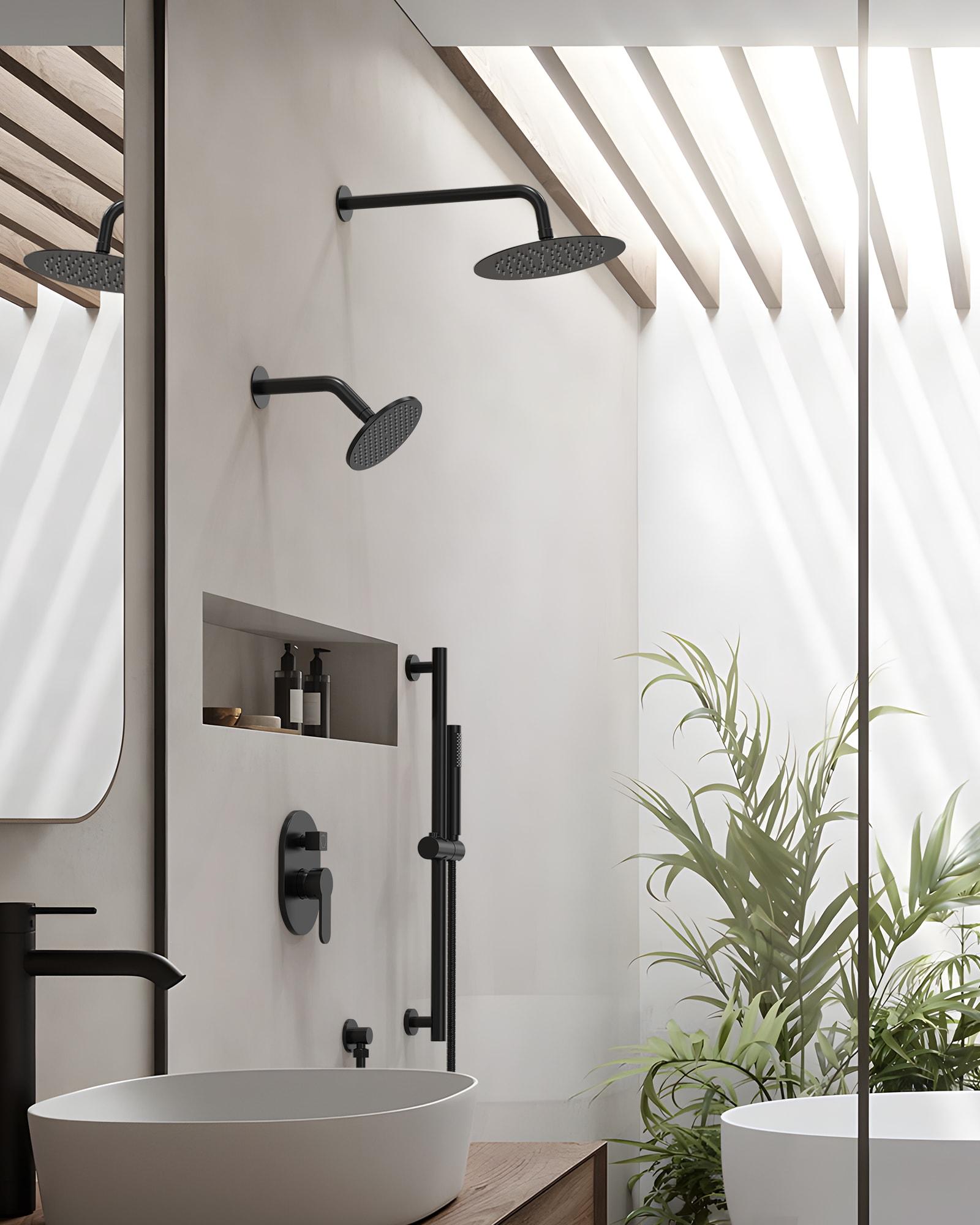 GRANDJOY Complete Shower System, 10" and 6" Dual Wall Mount Rain Shower Faucets with Handheld Shower Spray, High Pressure in Matte Black