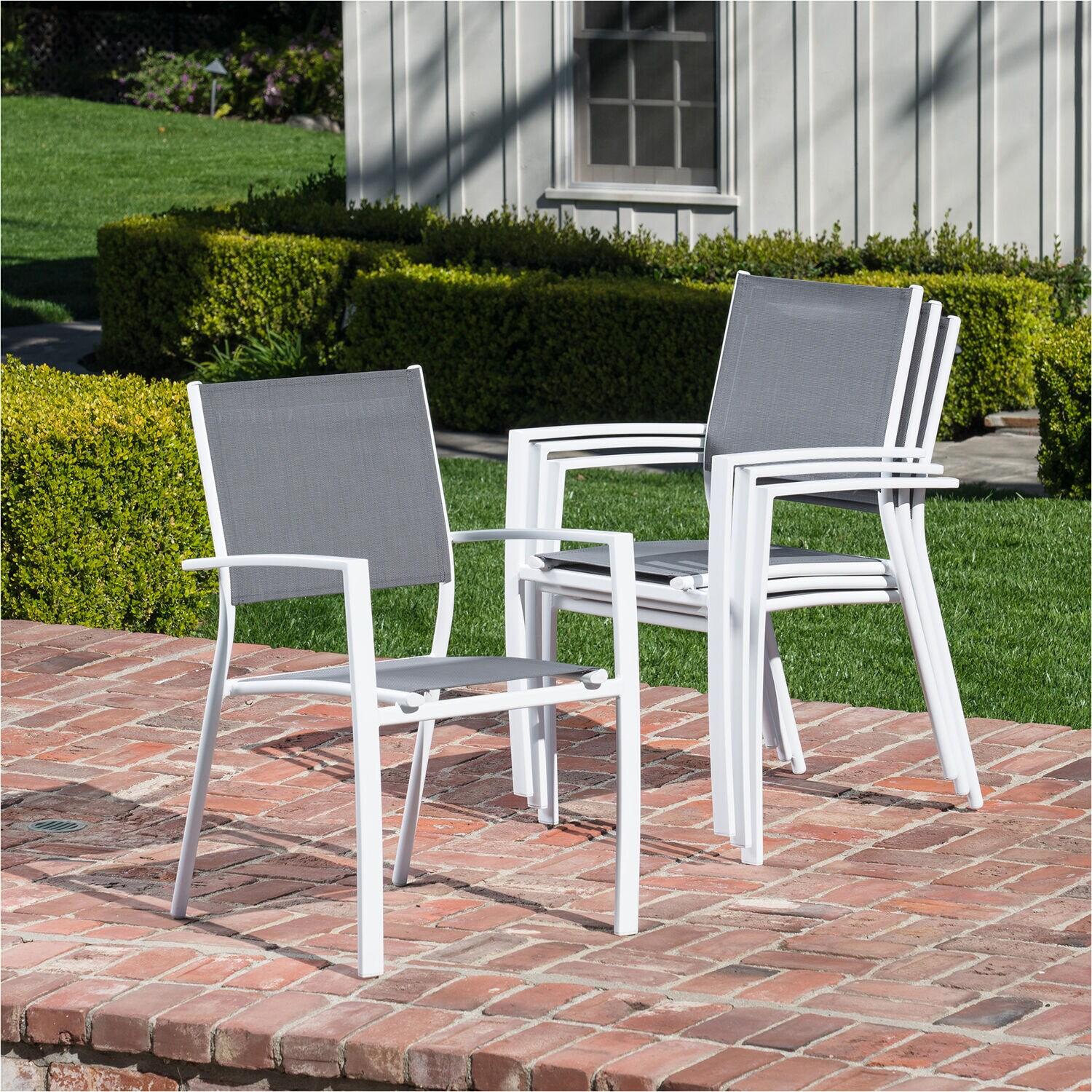 Hanover Conrad 5-Piece Compact Outdoor Dining Set | 4 Stackable Sling Chairs | Slat-Top Convertible Folding Table | Modern Design | Durable Aluminum Frame | White/Gray | CONDN5PC-WHT