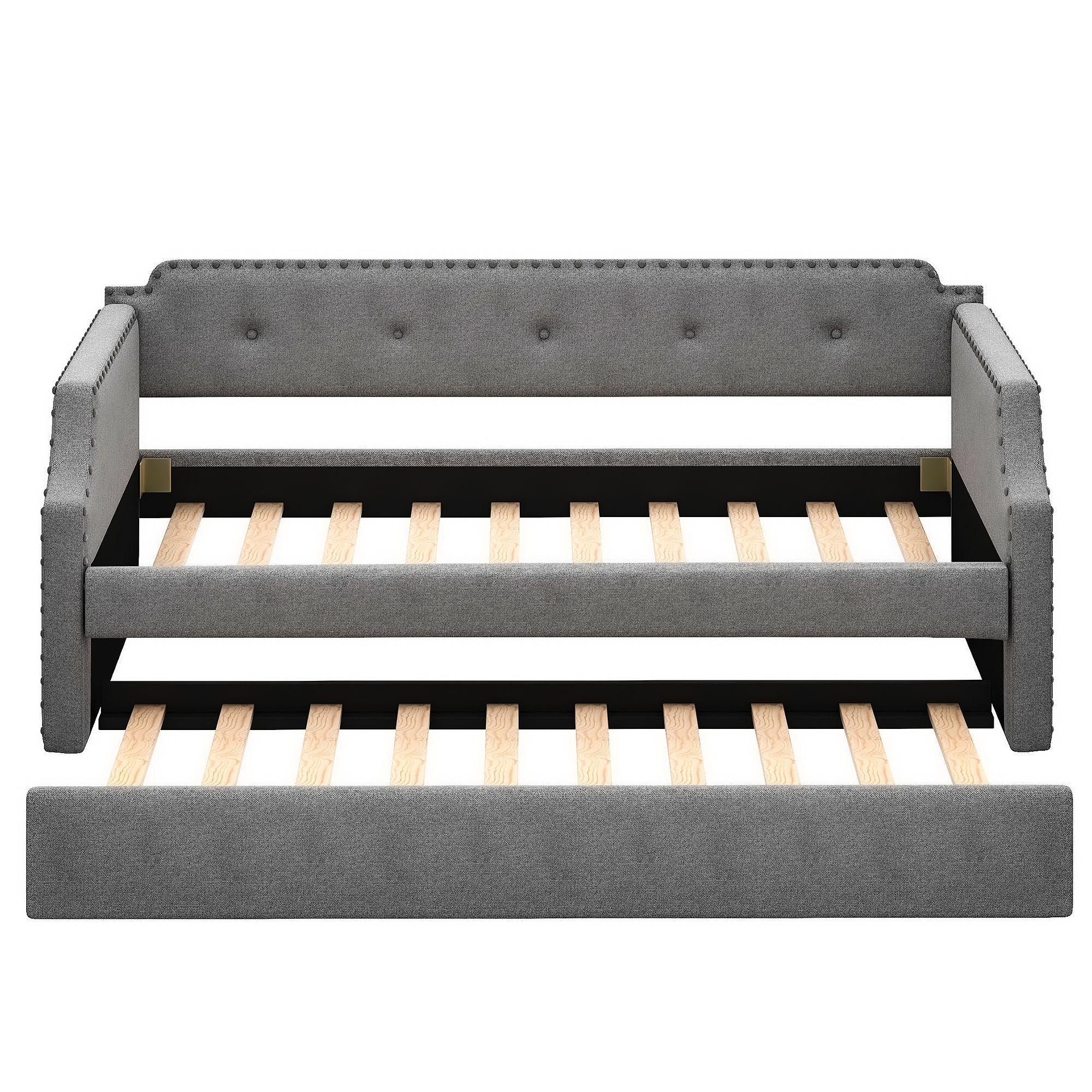 Gray Twin Upholstered Daybed with Trundle and Nailhead Trim