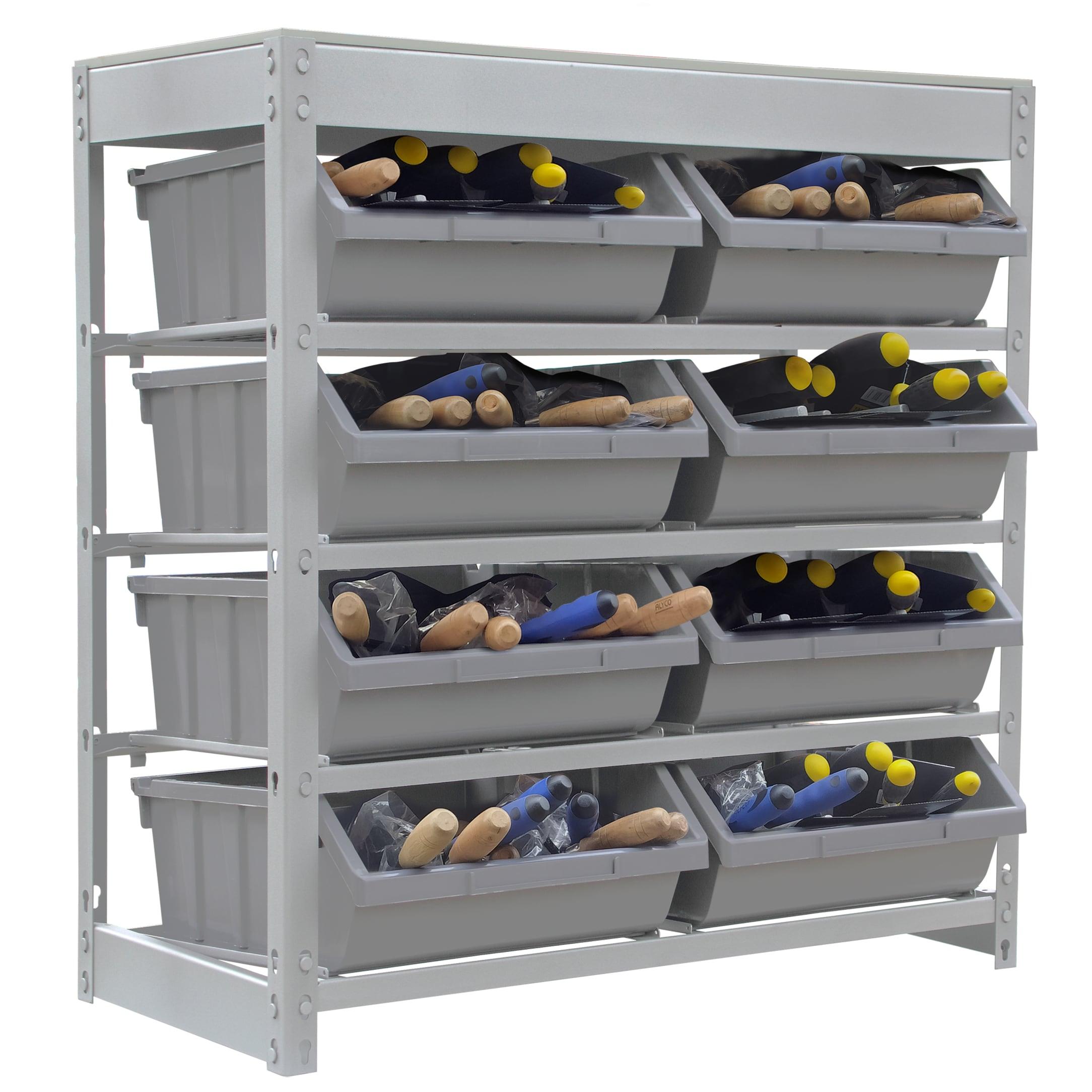 Bin Rack, Shelving Unit with Durable Construction for Easy Organization of Parts and Tools, Boltless Steel Storage System Organizer with 8 Plastic Bins in 4 tiers, Use in Store, Garage,Grey