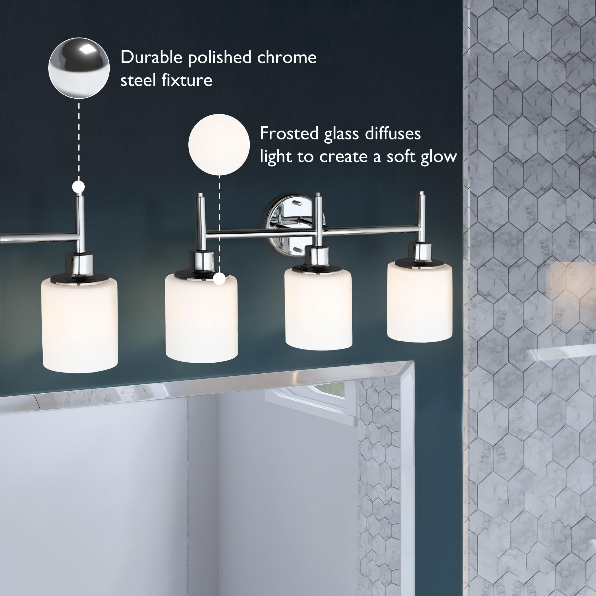 Aubrey Transitional 3-Light Indoor Bathroom Vanity Light – Above the Mirror, Dimmable, Damp Listed – Frosted Glass and Polished Chrome – Design House, 589770
