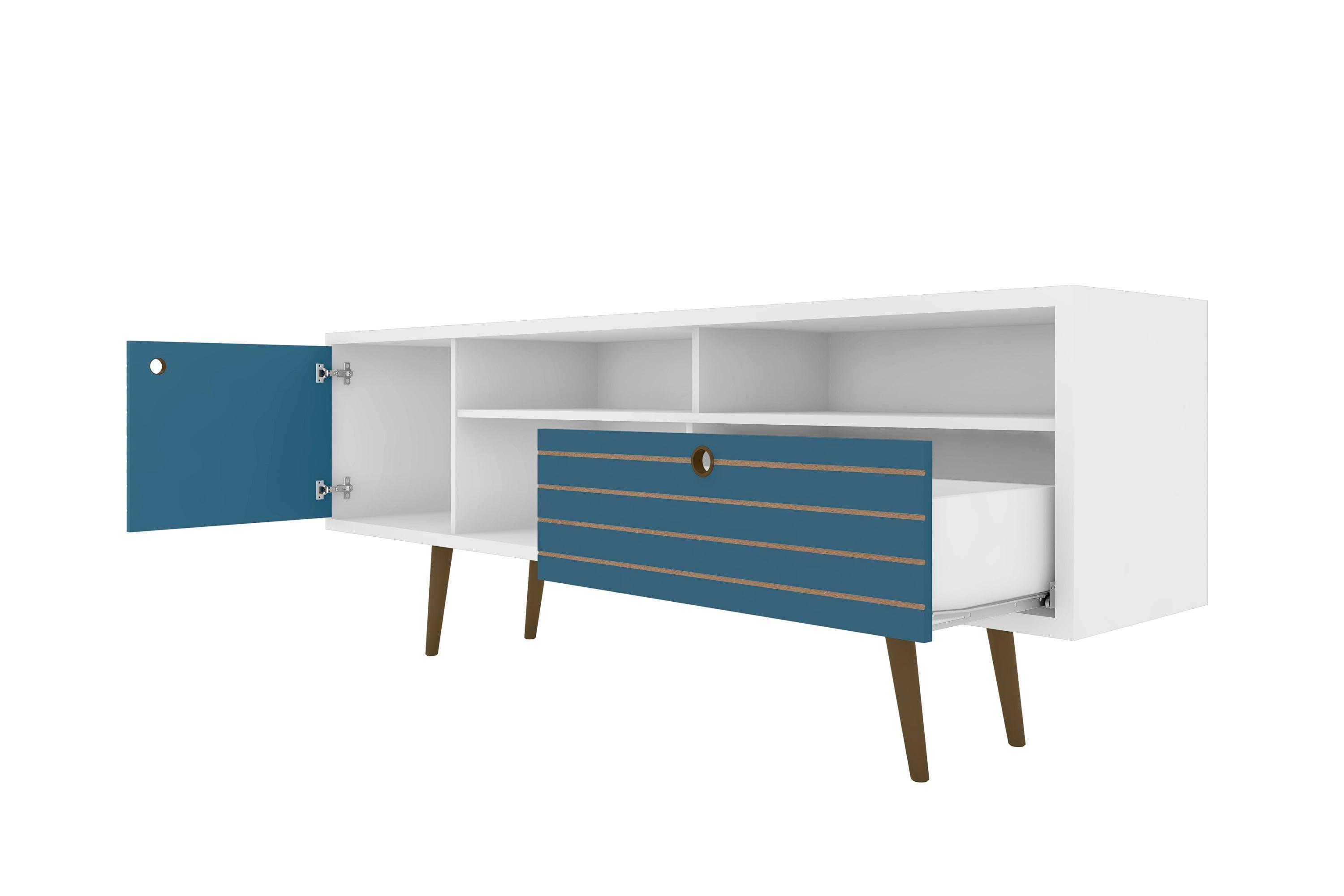 Liberty 3 Shelf and 1 Drawer TV Stand for TVs up to 65" White/Aqua Blue - Manhattan Comfort