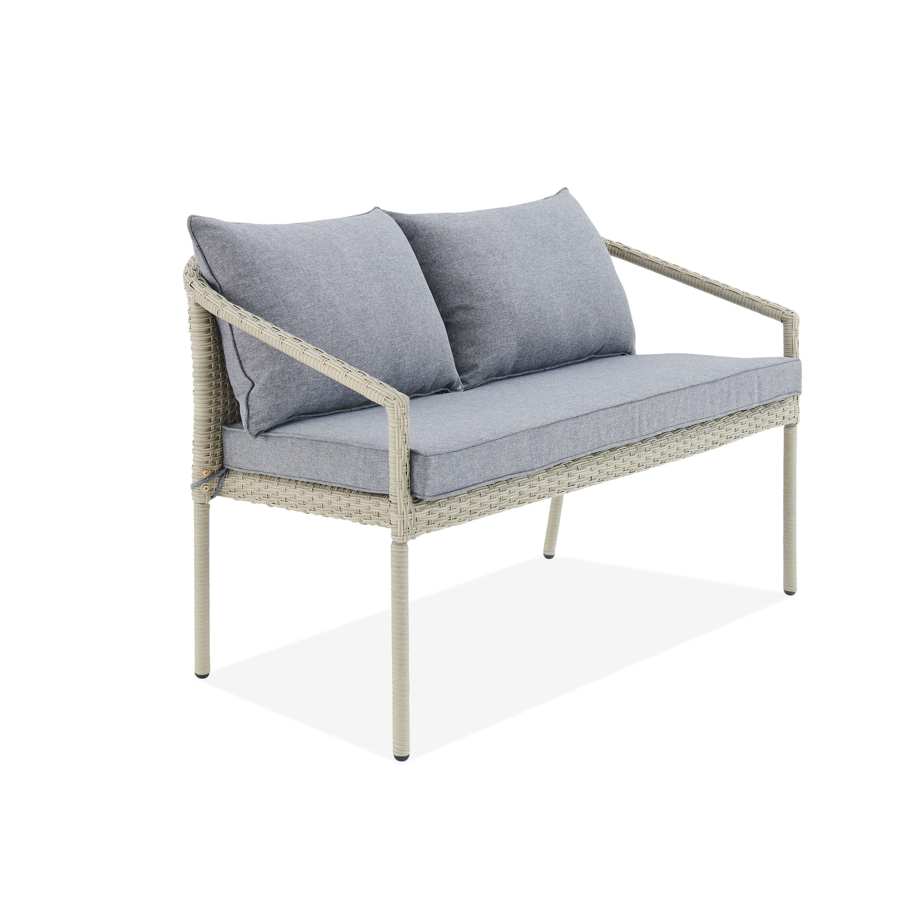Windham All-Weather Wicker Two-Seat Outdoor Light Gray Bench with Dark Gray Cushions