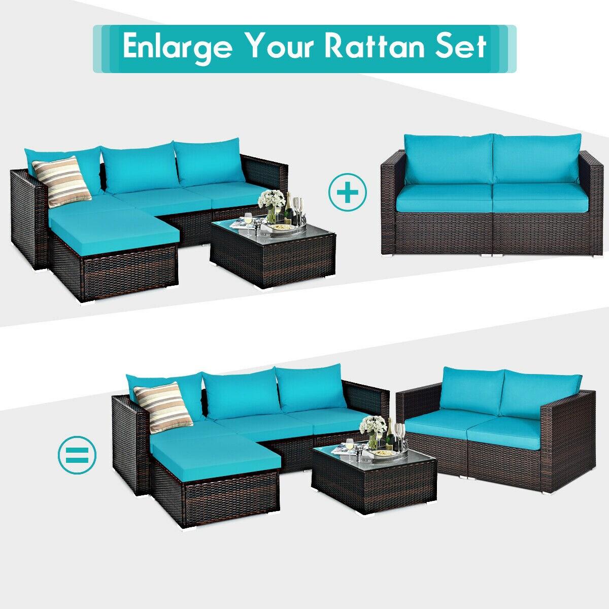 Costway 2PCS Patio Rattan Corner Sofa Sectional Furniture Blue Cushion
