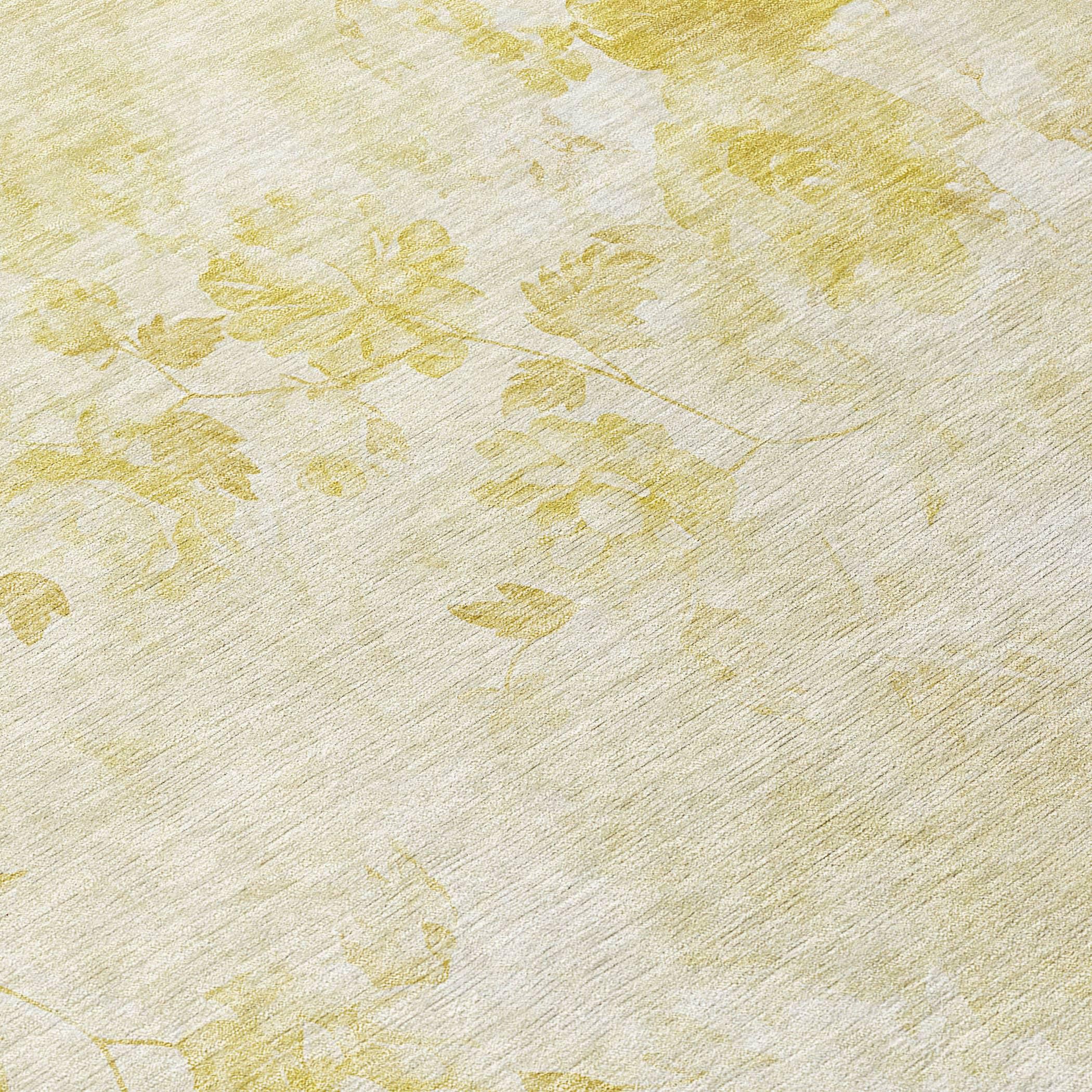 Gold Floral Synthetic Rectangular Washable Area Rug