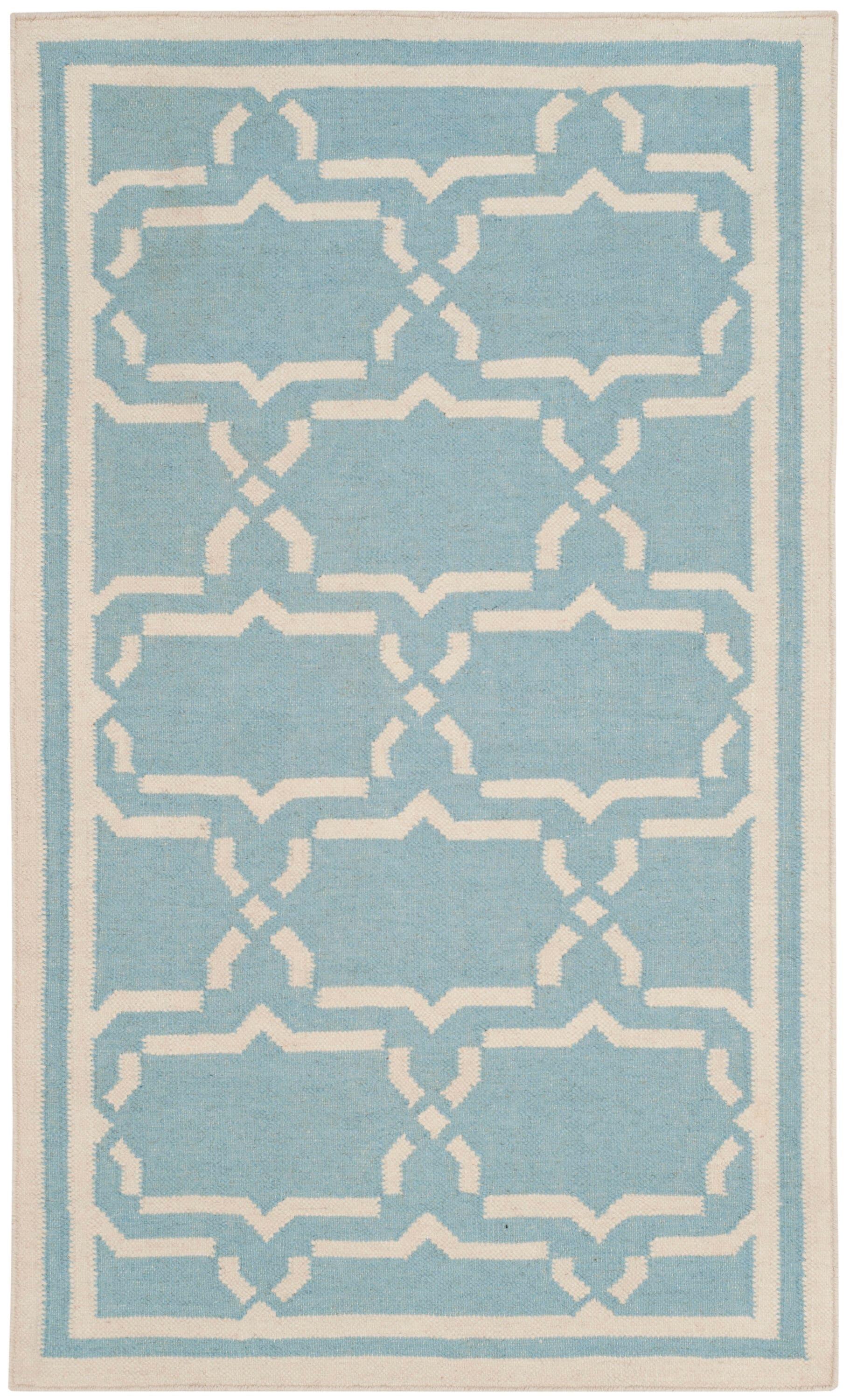 SAFAVIEH Dhurrie Myles Geometric Moroccan Wool Area Rug, Light Blue/Ivory, 3' x 5'