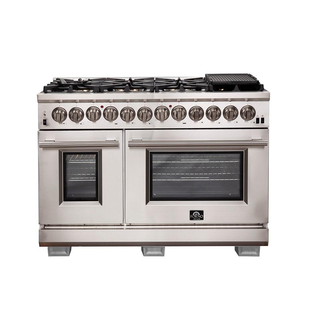 Forno Capriasca 48-inch Dual Fuel Range All Stainless Steel, 8 Brass Burners, 6.58 cu.ft. Double Ovens FFSGS6187-48
