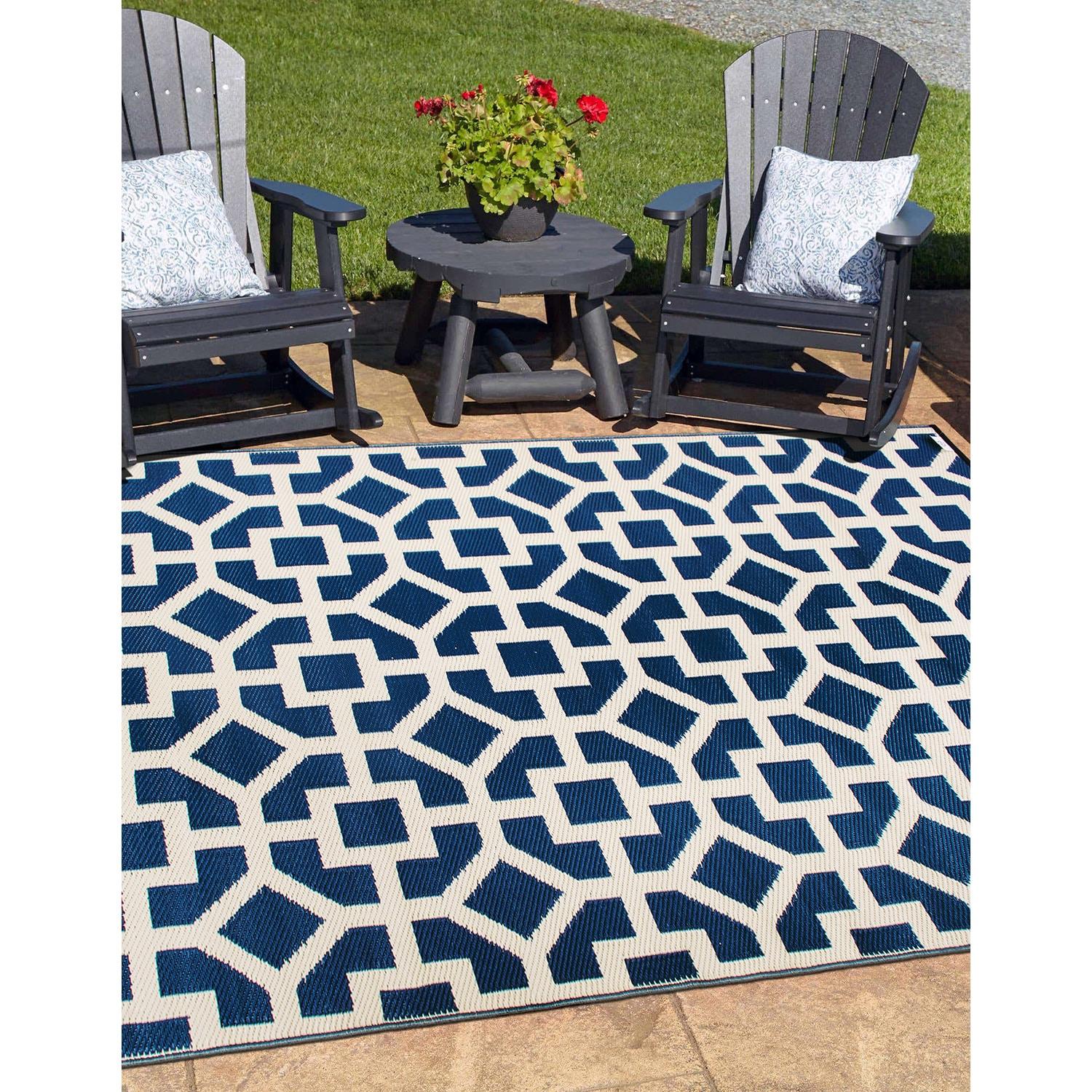World Rug Gallery Contemporary Geometric Reversible Plastic Indoor and Outdoor Rugs - NAVY 3'x5':  Flat Pile,  UV-Resistant